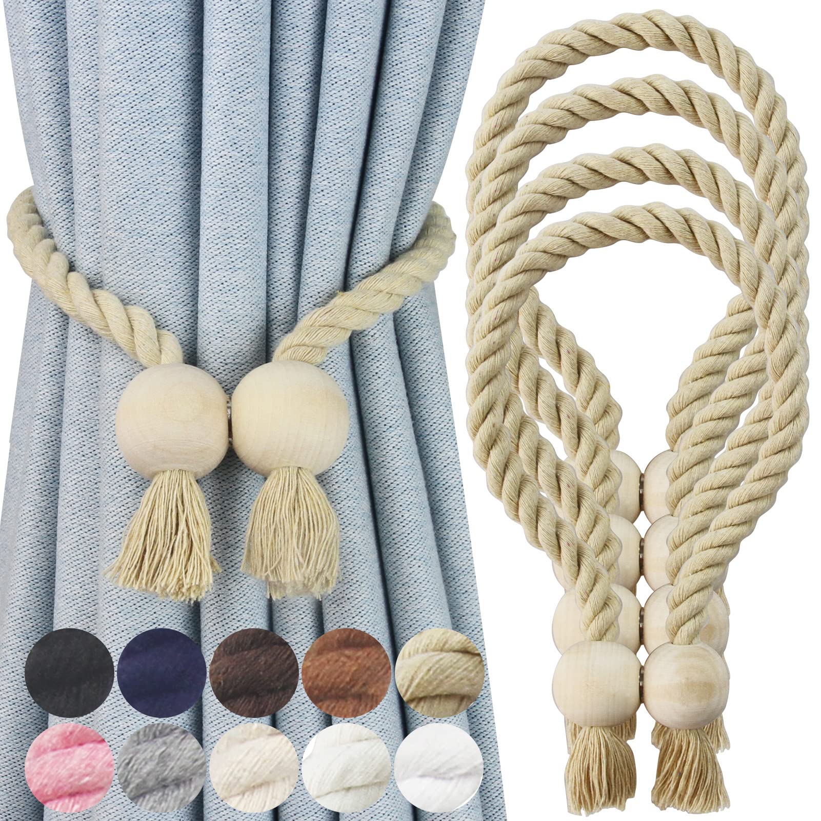 Alzapaños magnéticos para cortinas de algodón tejido a mano, cuerda decorativa color beige para salón