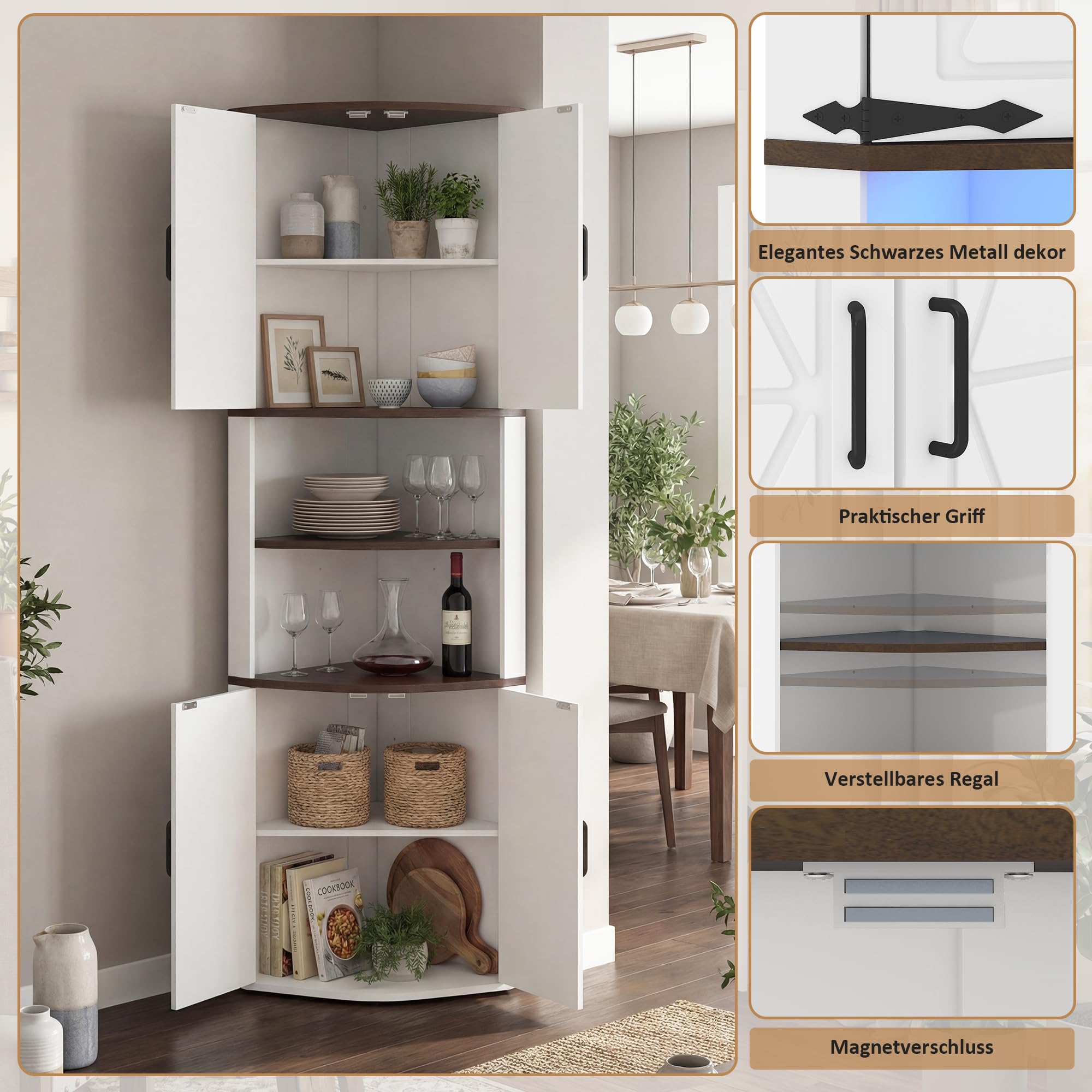 Eckschrank, Küchenschrank Hoch, LED Badezimmerschrank Schmal, Eckregal mit 4 Türen und 6 Ablageflächen, 165cm Aufbewahrungsschrank Holz, Hochschrank Buffetschrank für Küche, Wohnzimmer, Esszimmer