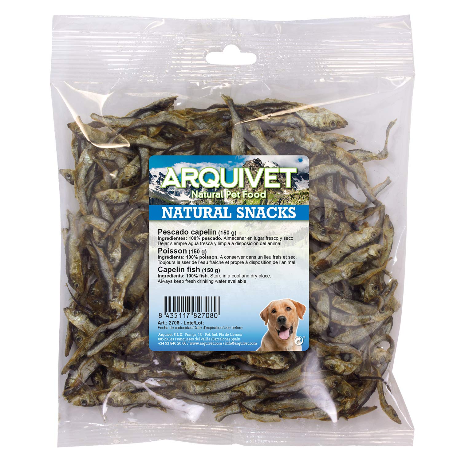 ARQUIVET Pescado capelín 150 gr - Snacks 100% Naturales para Perros - Chuches, golosinas, premios, recompensas, chucherías caninas - Alimento complementario para Perros