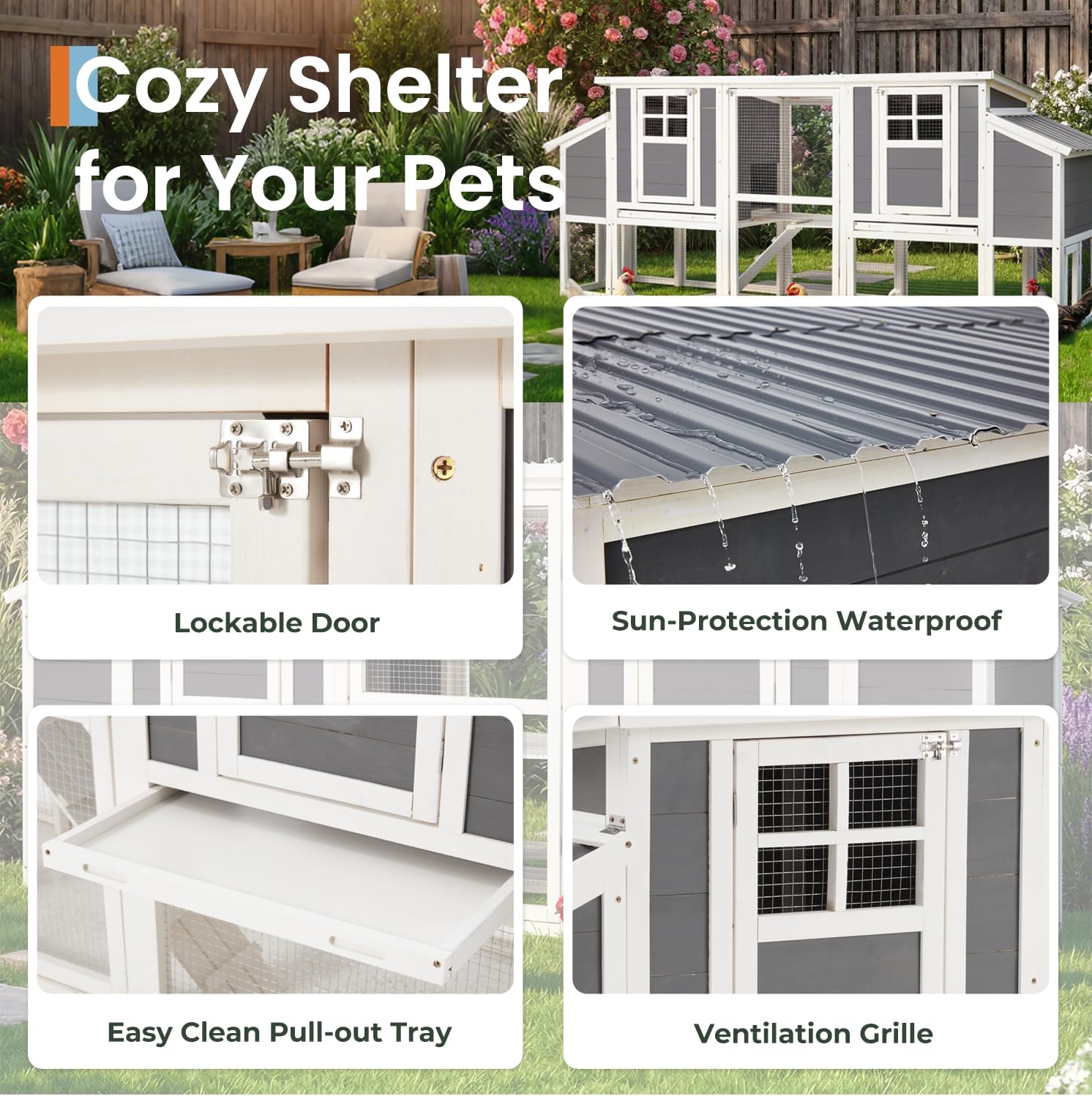 AECOJOY 98'' Extra Large Chicken Coop with Run, Wood Chicken House for 6-8 Chickens with Pull-Out Tray & 4 Nesting Boxes, Outdoor Hen Fence Poultry Pet Cage for Backyard