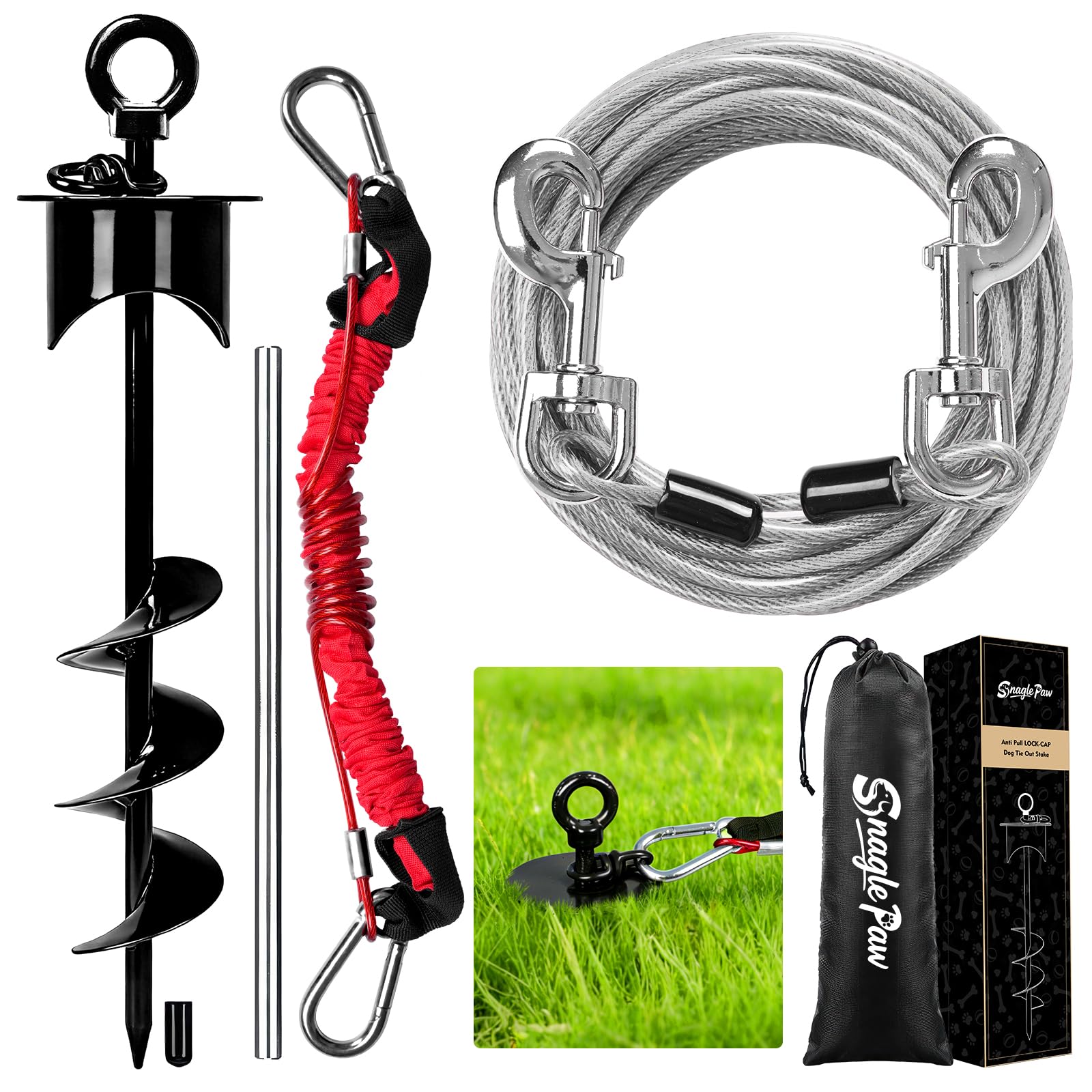 Snagle Paw Bodenanker für Hunde mit Lock-Cap, 6M Leine with Erdanker für Außen/Garten/Camping mit Stoßdämpfender Bungee-Leine, 360°drehbarer Rostfreier Bodenanker für Leinen, Ketten bis 360 lbs