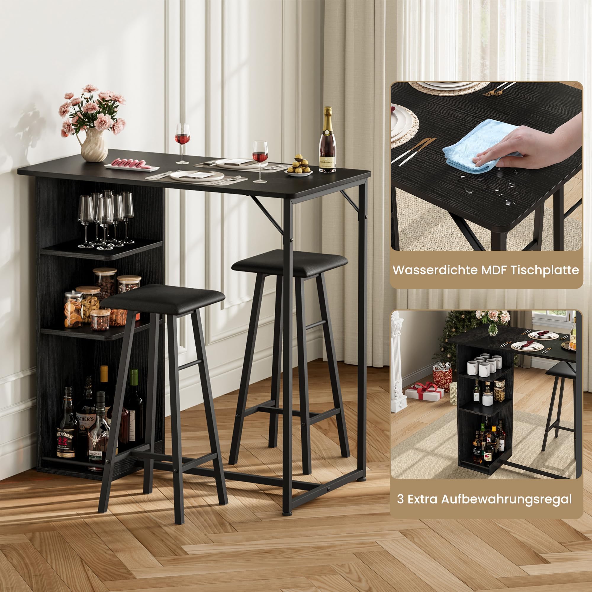 Garvee Conjunto de Bar Industrial 3 Piezas con 3 estantes – Mesa y 2 taburetes, Soporte para Copas – Ideal para Cocina o Comedor pequeño – Negro con Estructura y cojín Negros