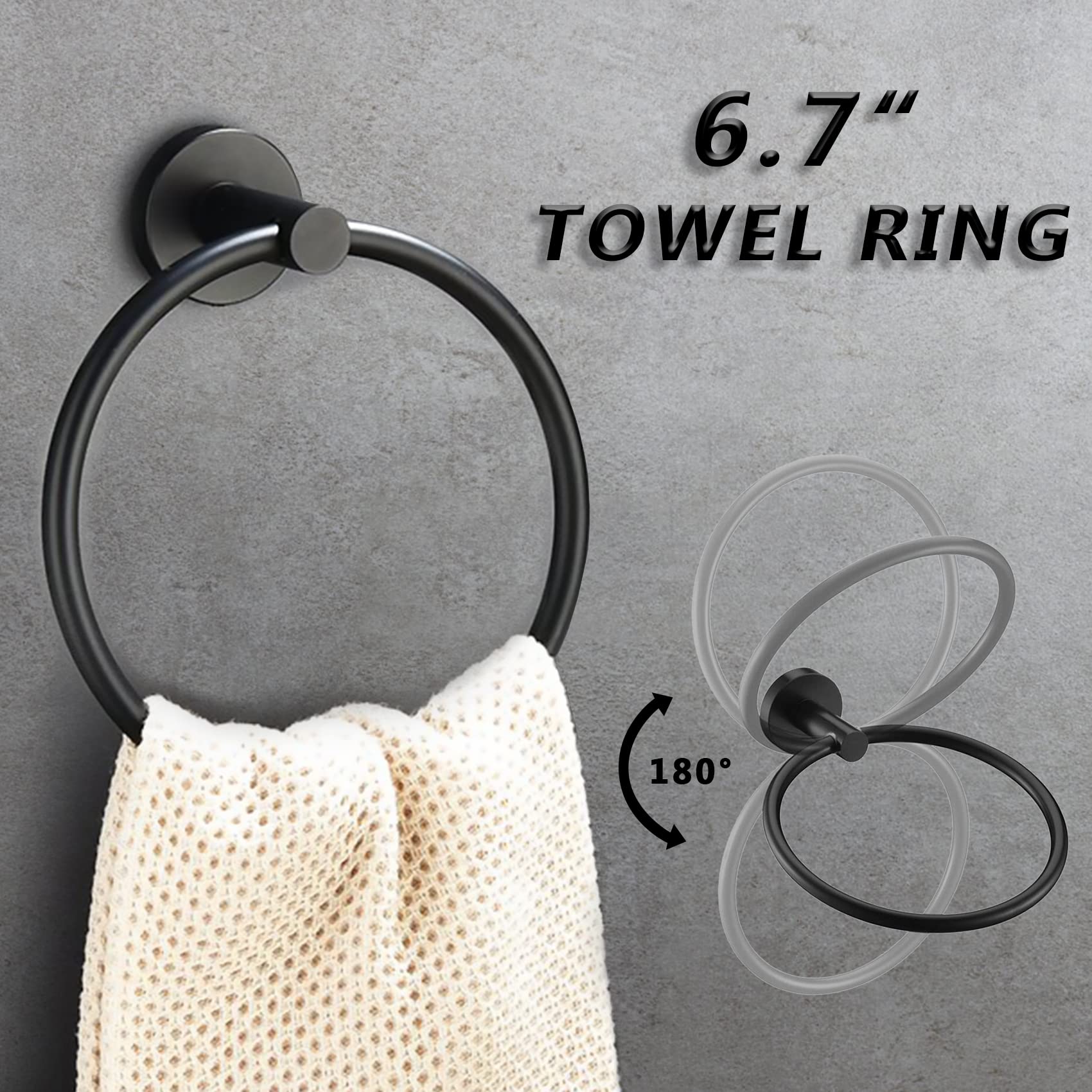 9-Piece Black Bathroom Hardware Set, SUS304 Stainless Steel Matte Black Bathroom Accessories Set, Includes 16" Towel Bar, 13" Paper Towel Holder, Toilet Paper Holder, Towel Ring, Robe Towel Hooks