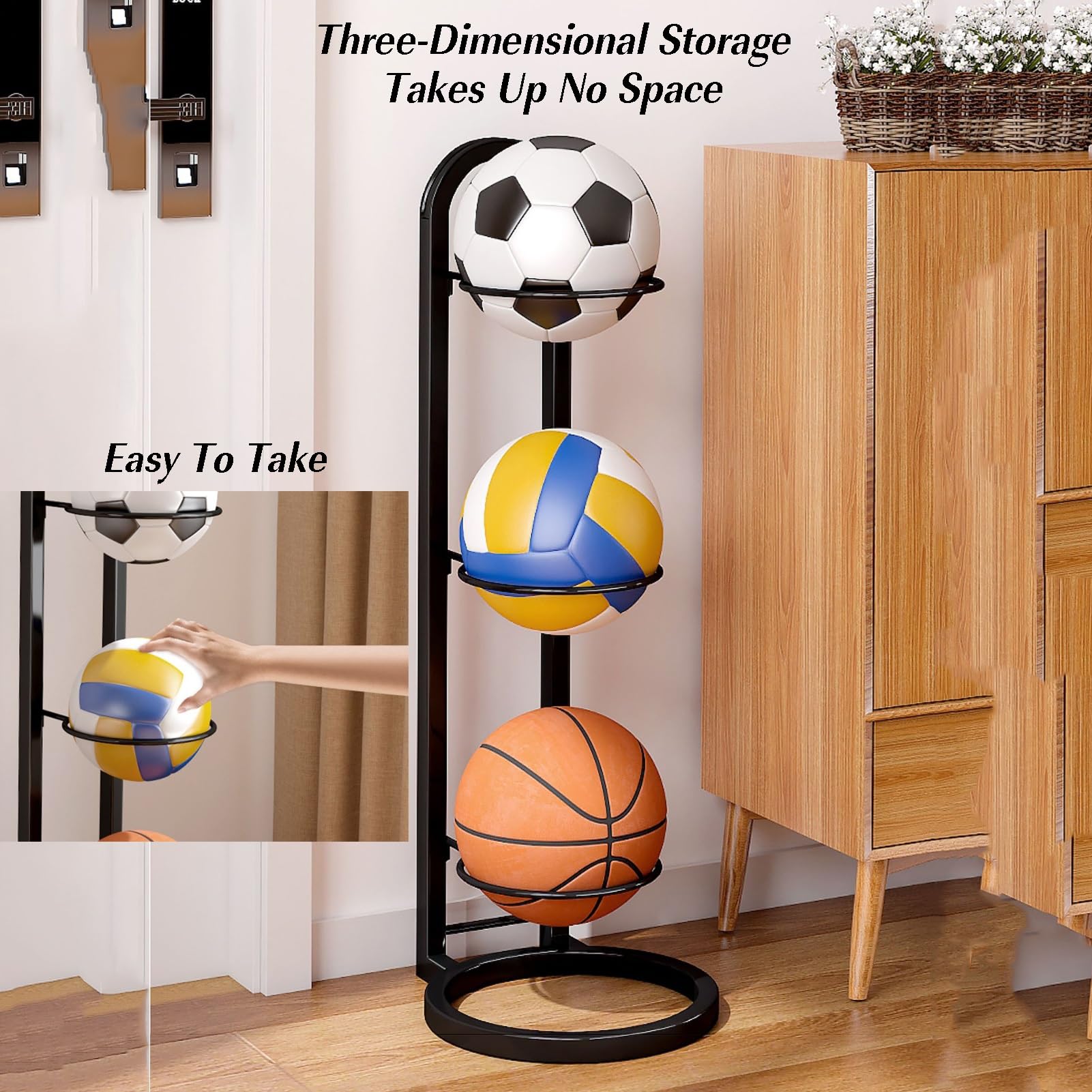 Ballaufbewahrungsregal, Aufbewahrungsregal for Sportbälle, Ballhalter for Basketball, Fußball, Volleyball, Fußball, Garage, Fitnessstudio und Schule(Black,23.5x100cm)