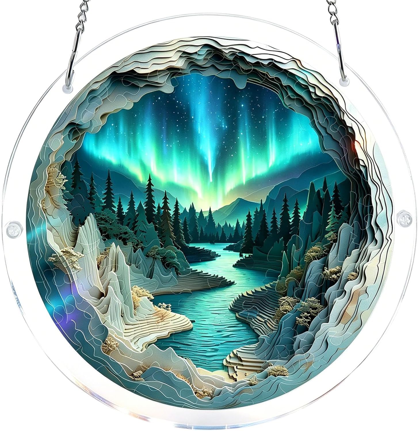 Aurora Borealis Forest Acrylic Jigsaw Puzzles Suncatcher, 8.2 Inch Window Hanging Suncatcher Acrylic Puzzle, DIY Home Decor Art Gift