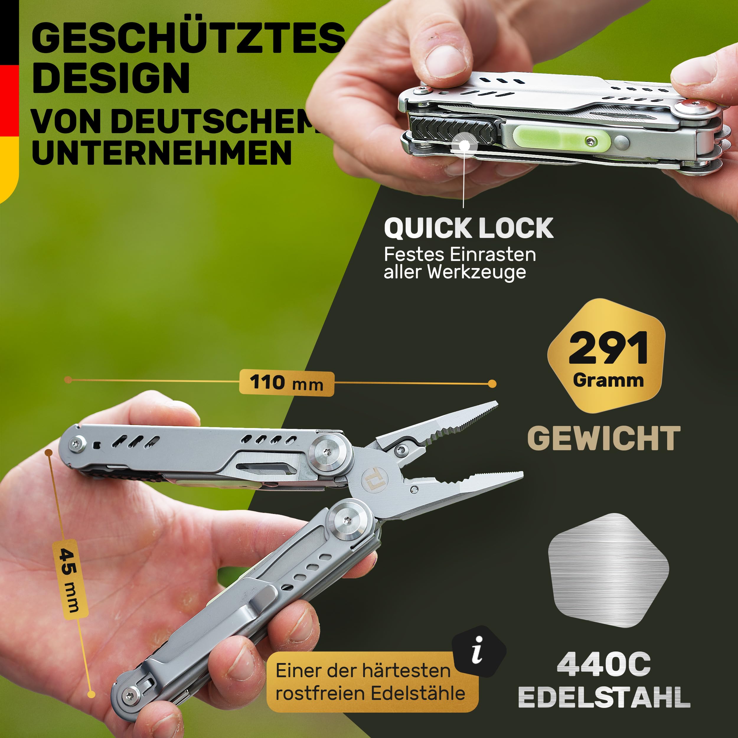 Navaja Multiherramienta [Acero Inoxidable 440C] Alicate Multiusos Camping Outdoor Supervivencia, Cuchillo Plegable de Bolsillo, Herramienta Senderismo Pesca Caza (Canyon Blade) (Negro)