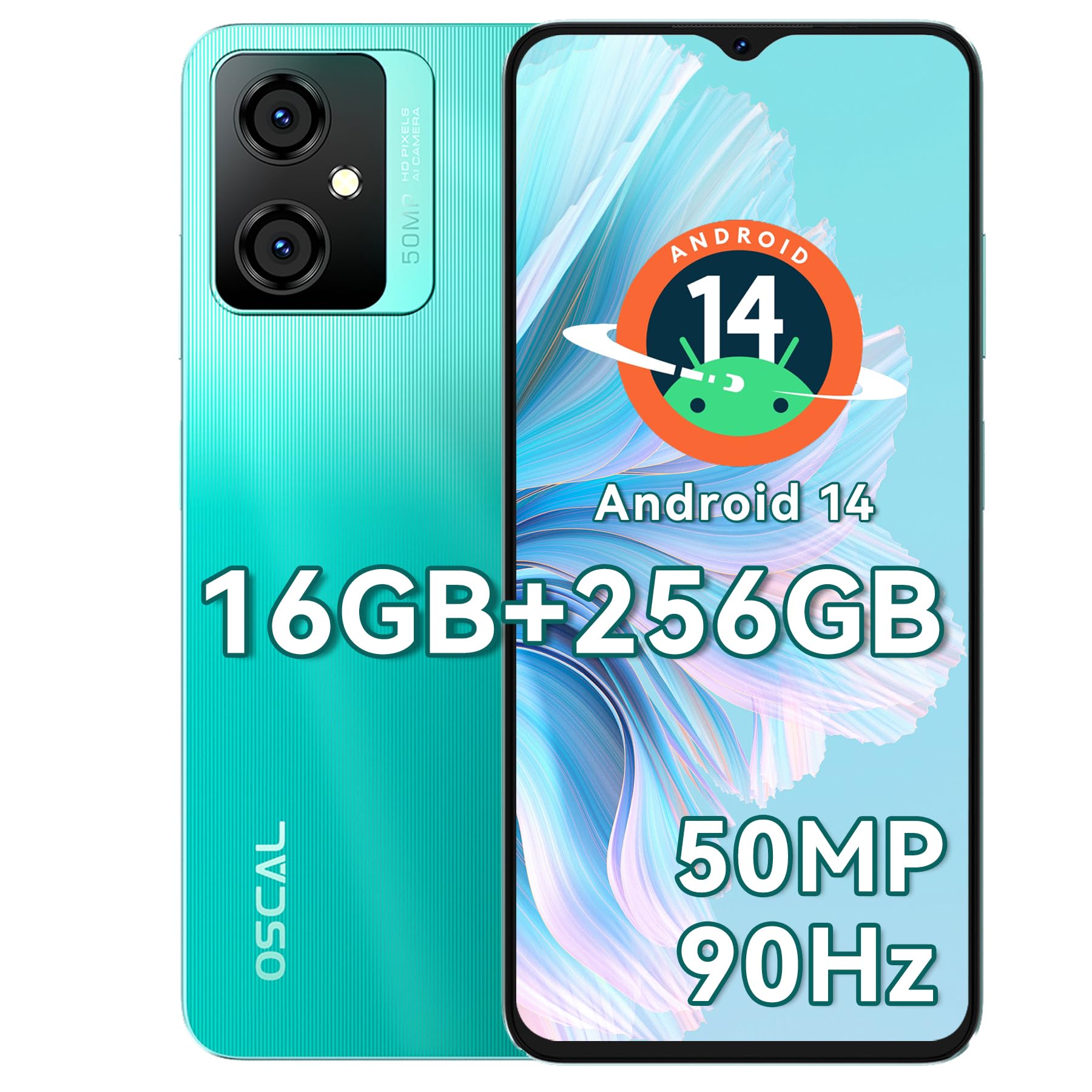 OSCAL Tiger 10 Smartphone, Android 14 Telefono Cellulare, 16GB+256GB/1TB-TF, Octa-Core, 6.56" HD+/90Hz, 50MP+8MP, 5180mAh, 4G Dual SIM Smartphone Offerta Fingerprint/Face ID/OTG/GPS verde