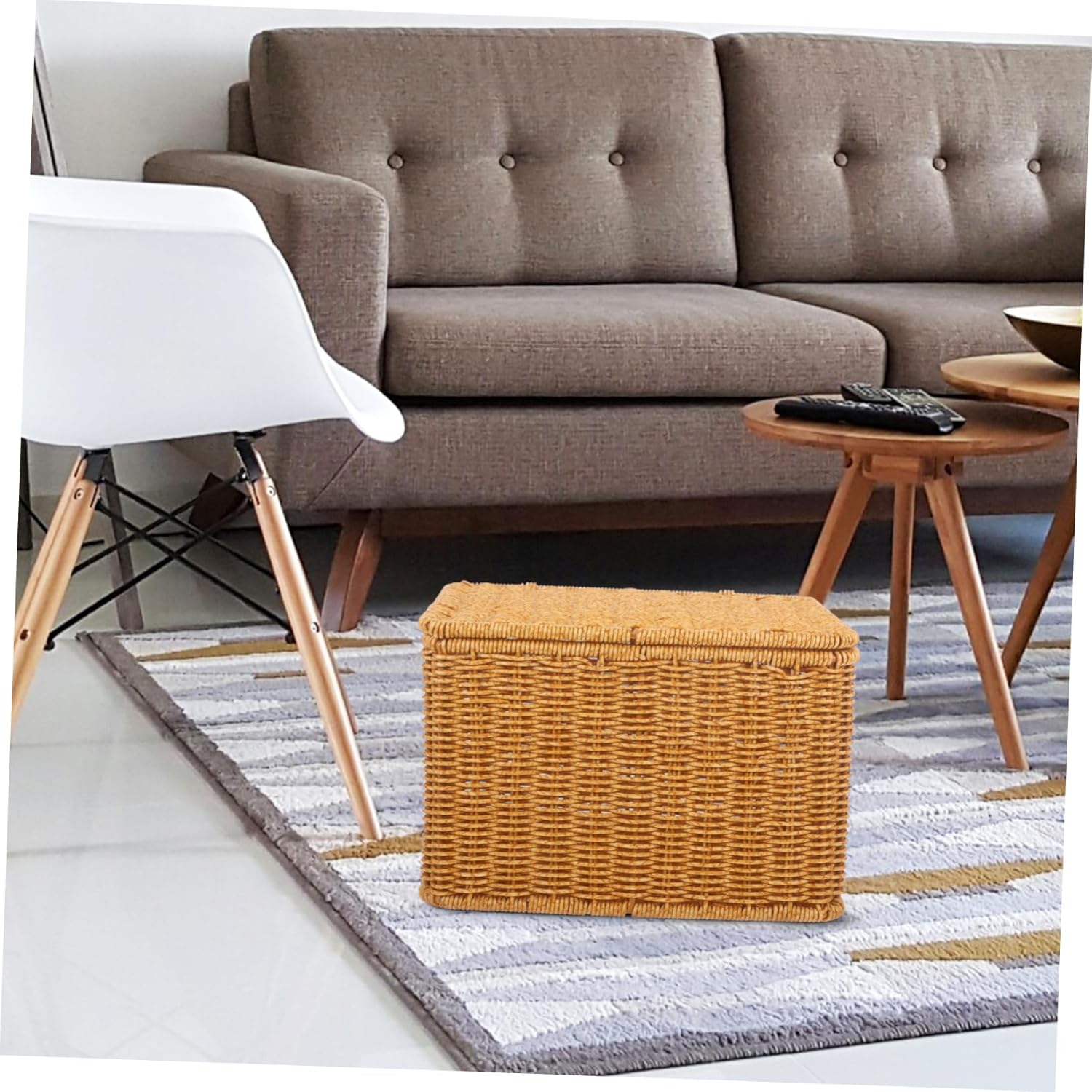 Wakauto Imitation Rattan Storage Basket with Lid Small Multi Purpose Woven Organizer for Household Clothes Socks Shoes Bedroom Kitchen Bathroom Wardrobe Laundry Use