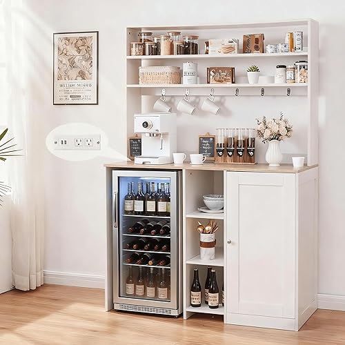 Miniatura 10 de Mini gabinete de nevera con almacenamiento, gabinete de barra de café con espacio para refrigerador pequeño y toma de corriente, gabinete de bar de
