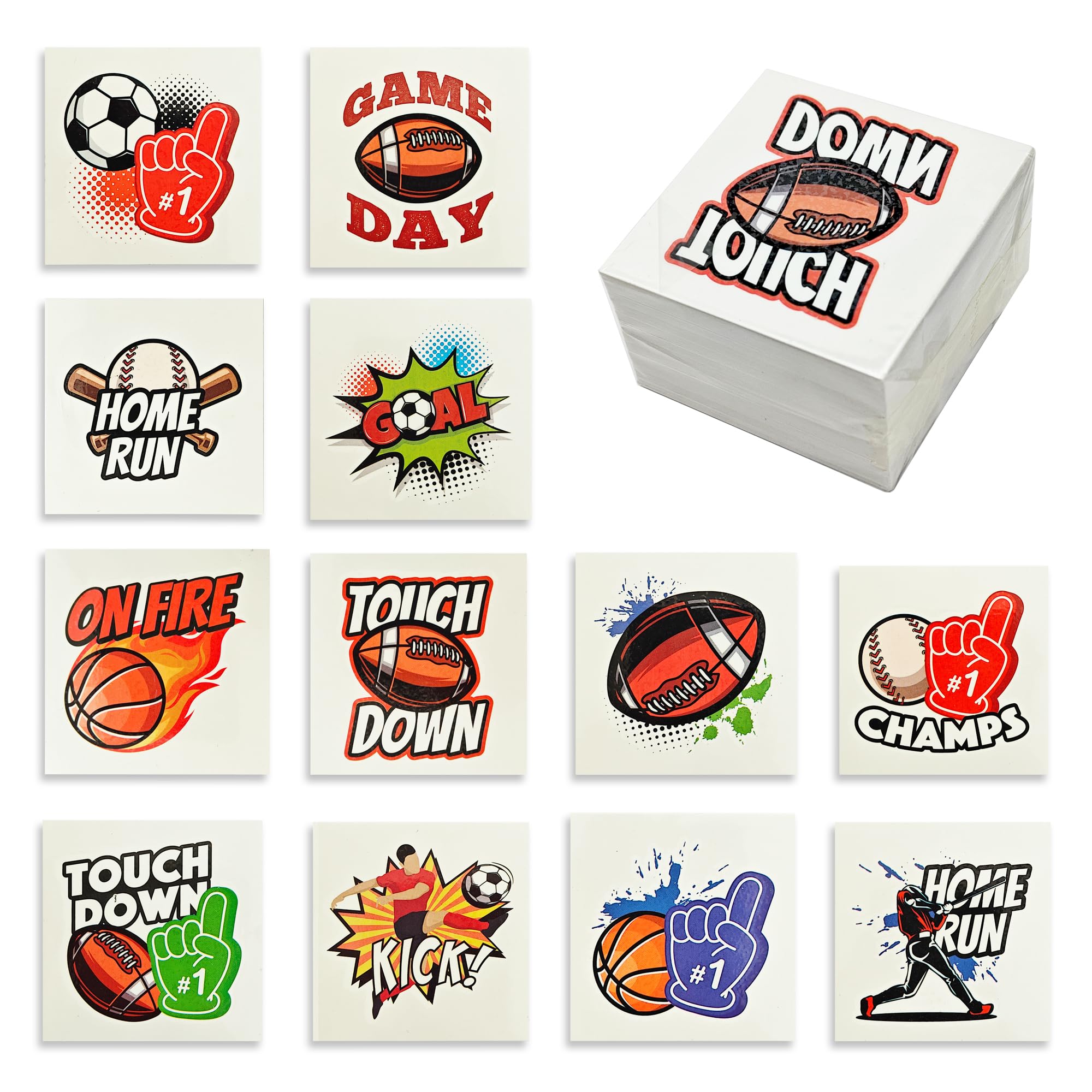 Playbees Sports Tattoos - 144 Pack - Assorted Goofy Sports Designs Tattoos - 2 Inches - Easy to Apply, Water-Based Ink - Sports Party Favors, Bag