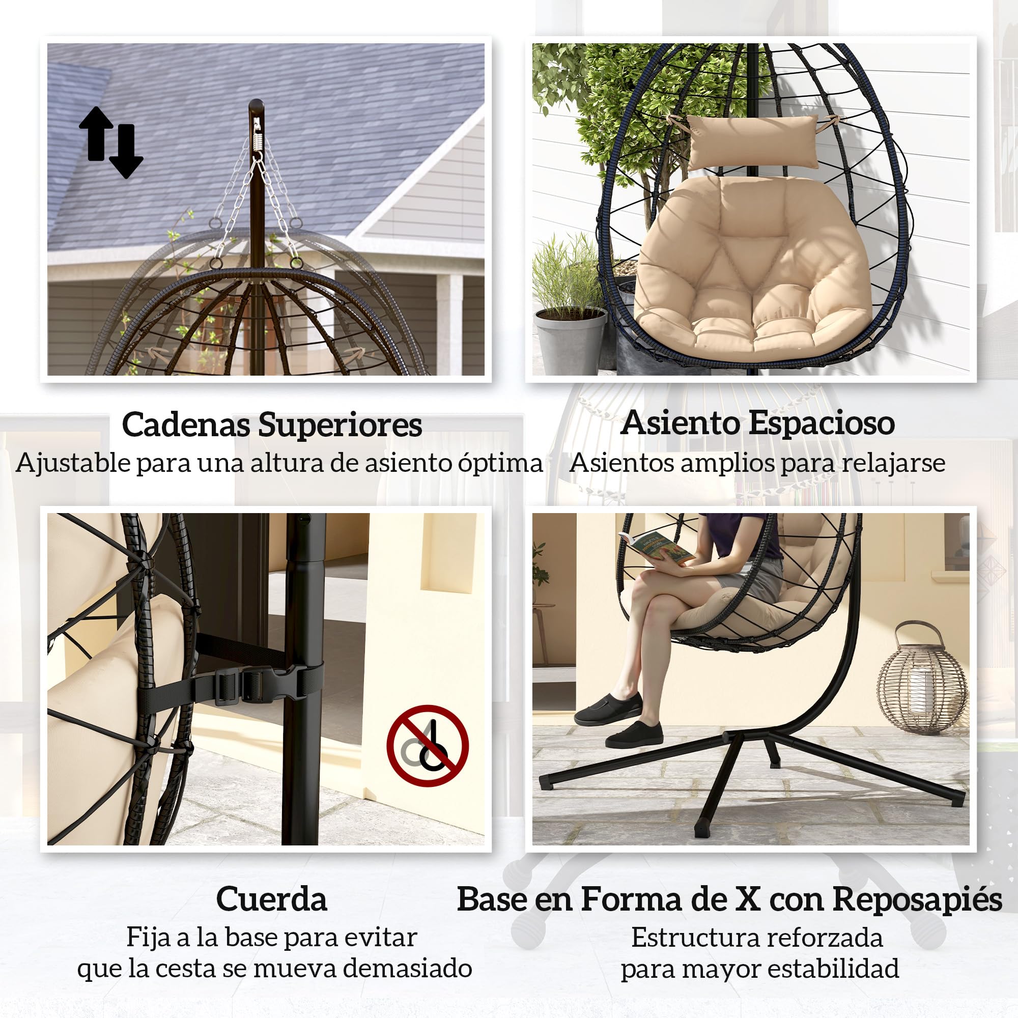 Outsunny Silla Colgante Huevo con Soporte Columpio Jardín Exterior con Cesta Plegable Cojín y Reposacabezas Columpio Colgante para Interior y Exterior Carga 120 kg Caqui