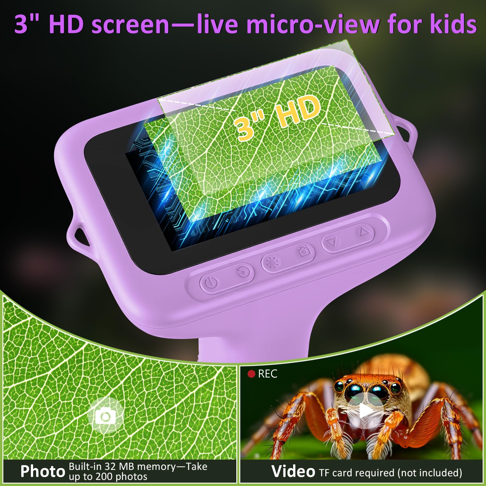 Microscopio per bambini: microscopio digitale con schermo IPS da 3", ingrandimento 1000x, microscopio portatile 1080P con 8 LED e 32 MB di memoria, microscopio tascabile USB per PC/Mac
