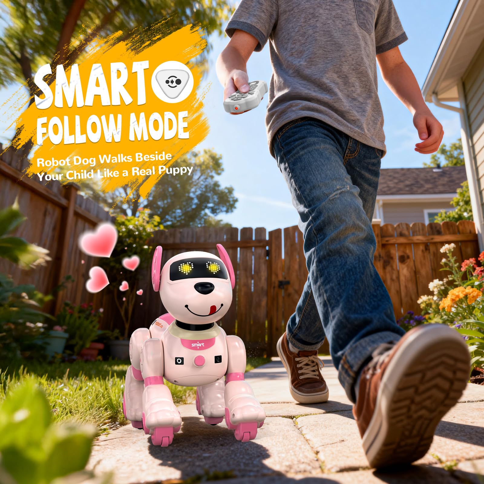 anysun Cane Robot, Giocattolo Cane Robot Ricaricabile, Giocattolo Programmabile con Funzione di Seguito, Comandi Vocali, Telecomando e Sensori Tattili, Regalo di Natale Ideale per Bambini (Rosa)