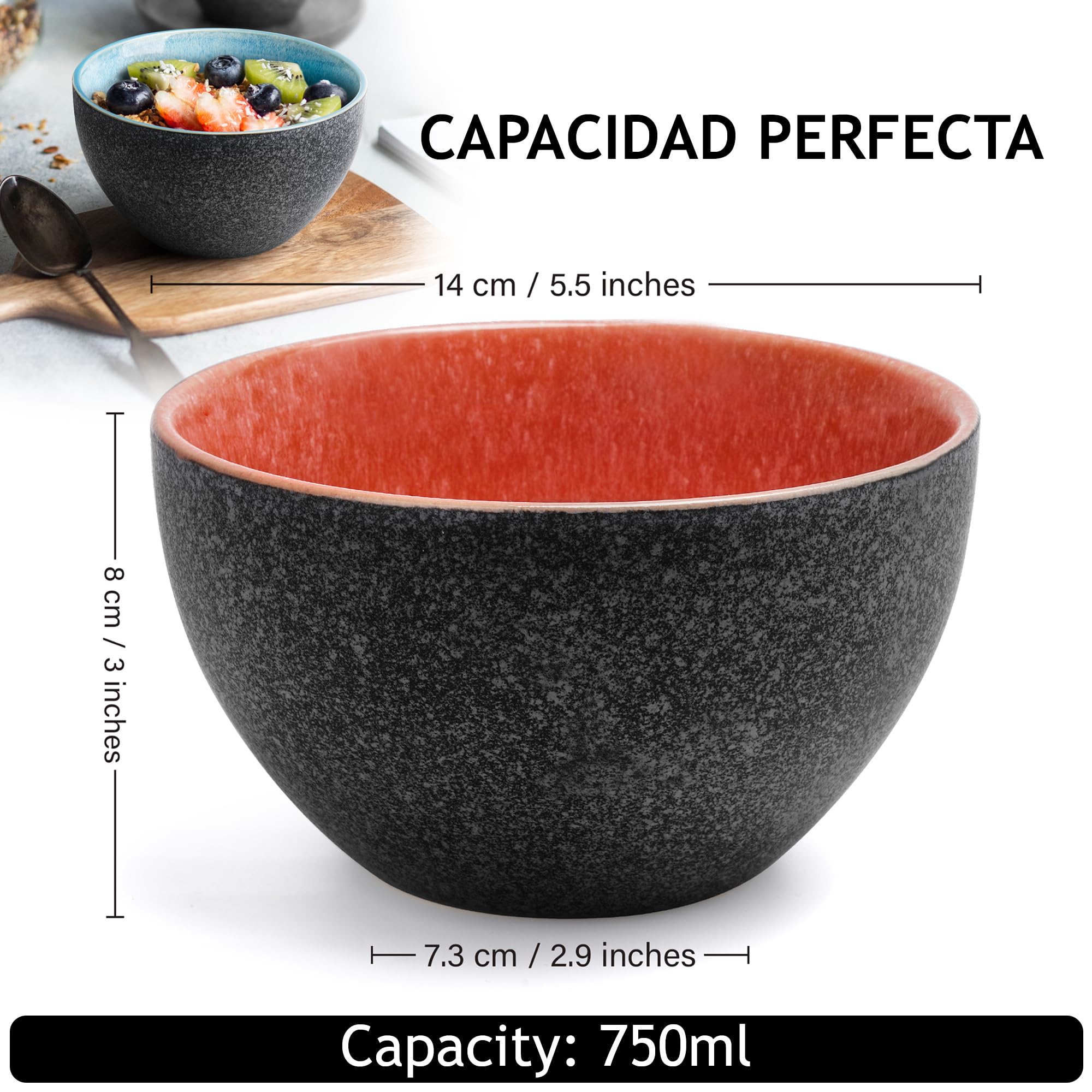 MIAMIO – 750 ml, Juego de 6 Cuencos, Cuenco de Cerámica, Cuencos de Ensalada, Cuenco de Sopa, Cuenco de Cereales – Apto para Microondas y Lavavajillas – Colección Las Palmitas