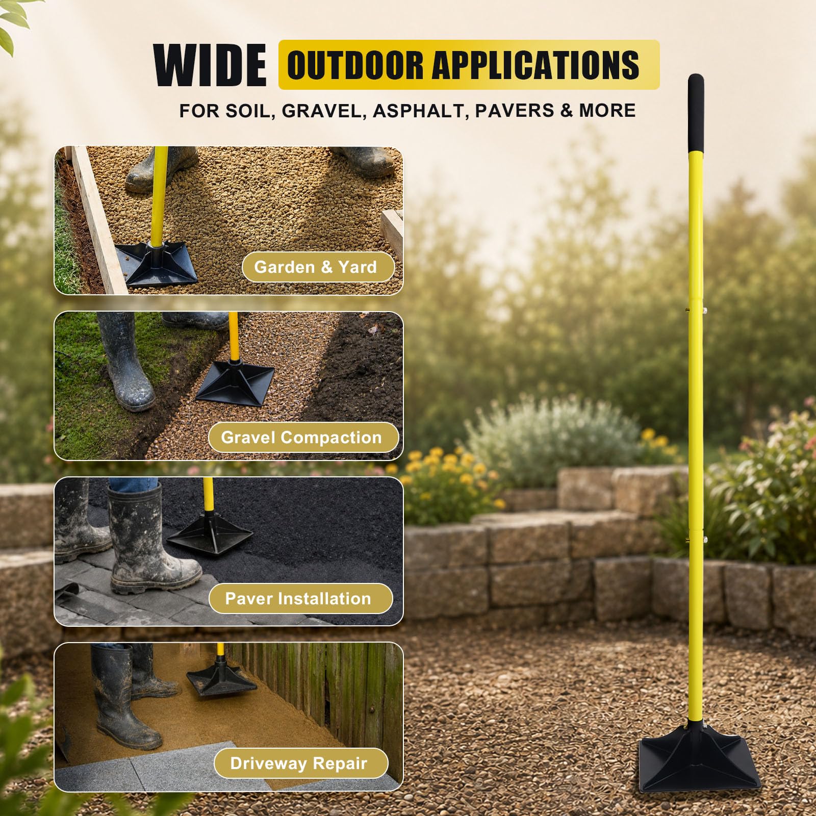 20 x 20 cm in acciaio strumento manomissione terra Heavy Duty mano manomissione compattatore suolo | Manomissione manuale con guanti da lavoro per livellare terreno, ghiaia, asfalto, finitrici, vialetti, terrazze e giardini