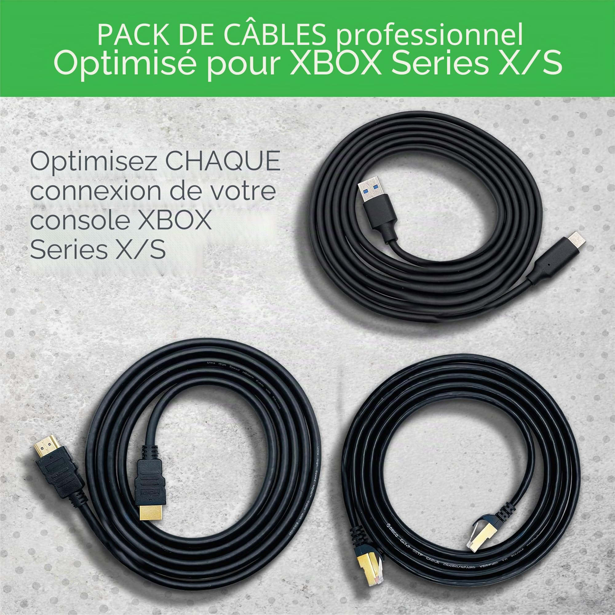 BrightOn Câble optimisé compatible avec Xbox Series X/S | Câble HDMI 2.1 HDR 8K noir 8K @ 60 Hz/4K @ 120 Hz | Câble Ethernet CAT 7 super haut débit | Charge rapide (USB A vers USB C) Câbles de 2