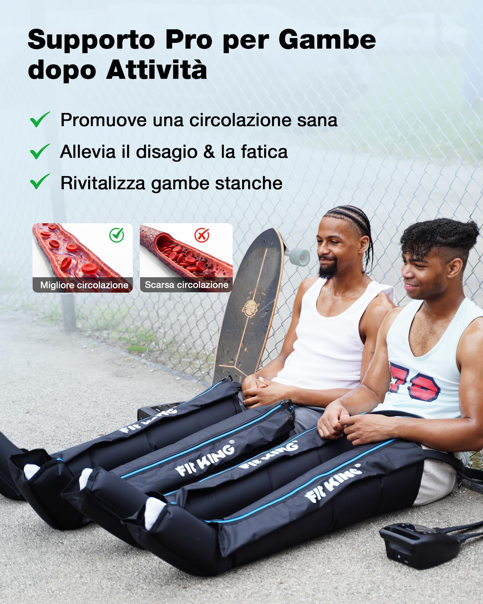 FIT KING Massaggiatore per Gambe con Controllo 4 Zone, Ricaricabile, Stivali a Compressione d'Aria per Recupero e Rilassamento Muscolare Profondo Portatile Senza Fili 12 Intensità 3 Modalità (S)