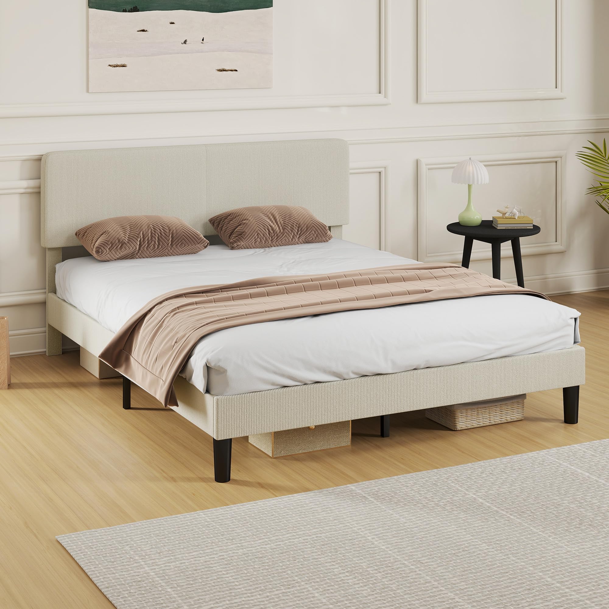 HOMCOM Somier 160x200 cm con Cabecero Ajustable, Estructura de Cama, Tapizado en Pana, Láminas de Madera, Fácil de Montar, Gris Claro