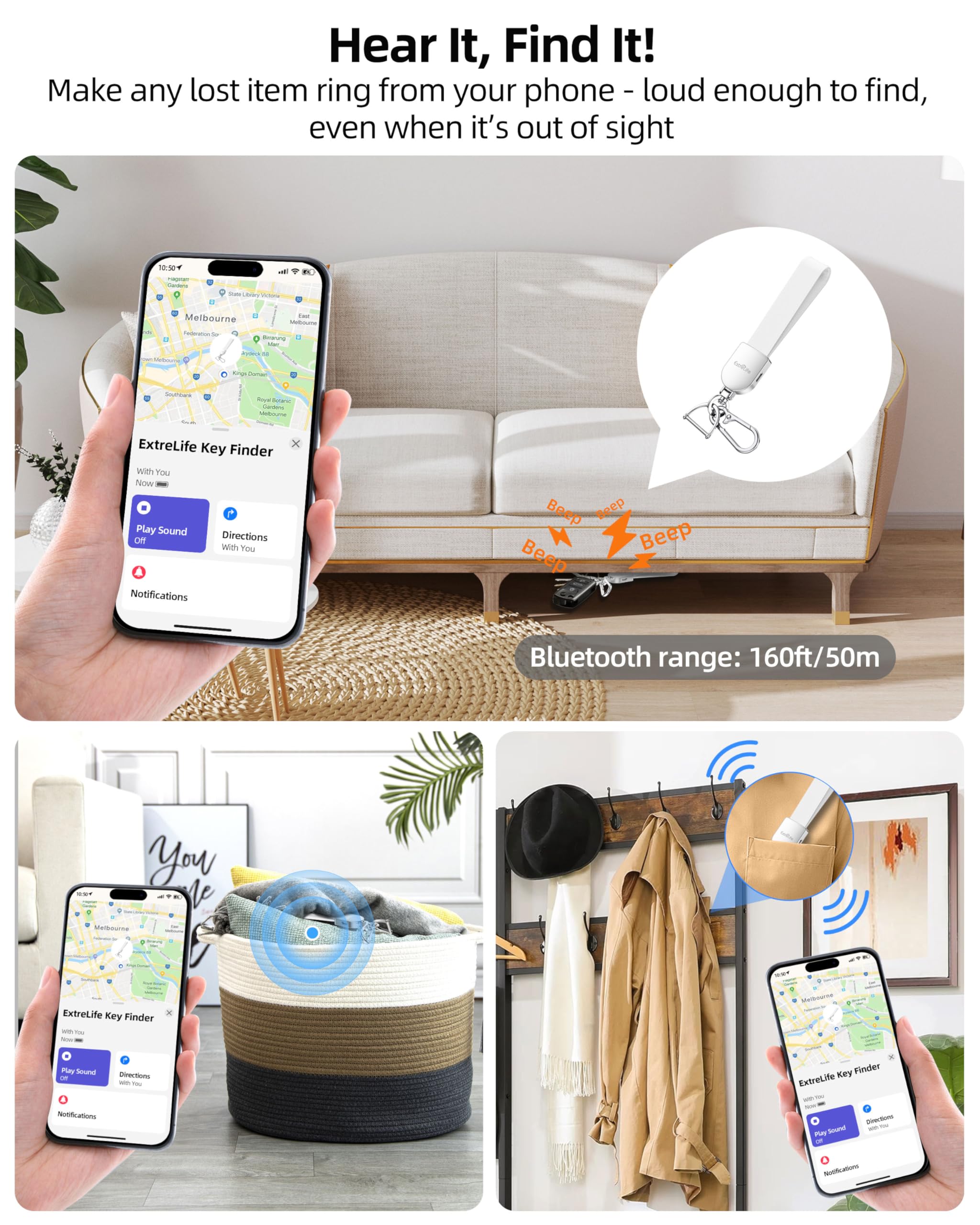 Porte-clés intelligent, fonctionne avec Apple Find My, porte-clés de voiture en cuir pour homme et femme, blanc,