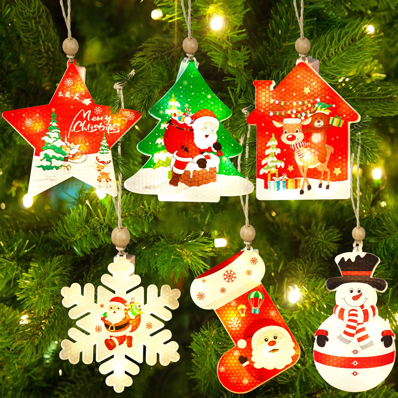 Lighted Christmas Ornaments, LED Christmas Tree Hanging Decoration Cute Santa Christmas Decor with 3 Light Modes,Button Battery Christmas Ornament Gift for Tree Indoor Outdoor Home Decor(6 Pack)