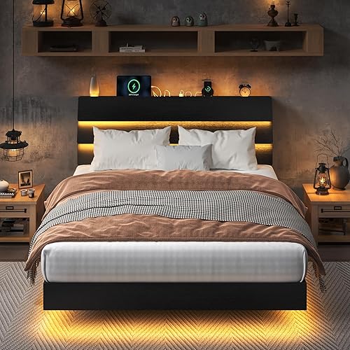 Feonase Base de cama flotante tamaño Queen con luces LED y estación de carga, base de cama de madera tamaño Queen con cabecero de almacenamiento,