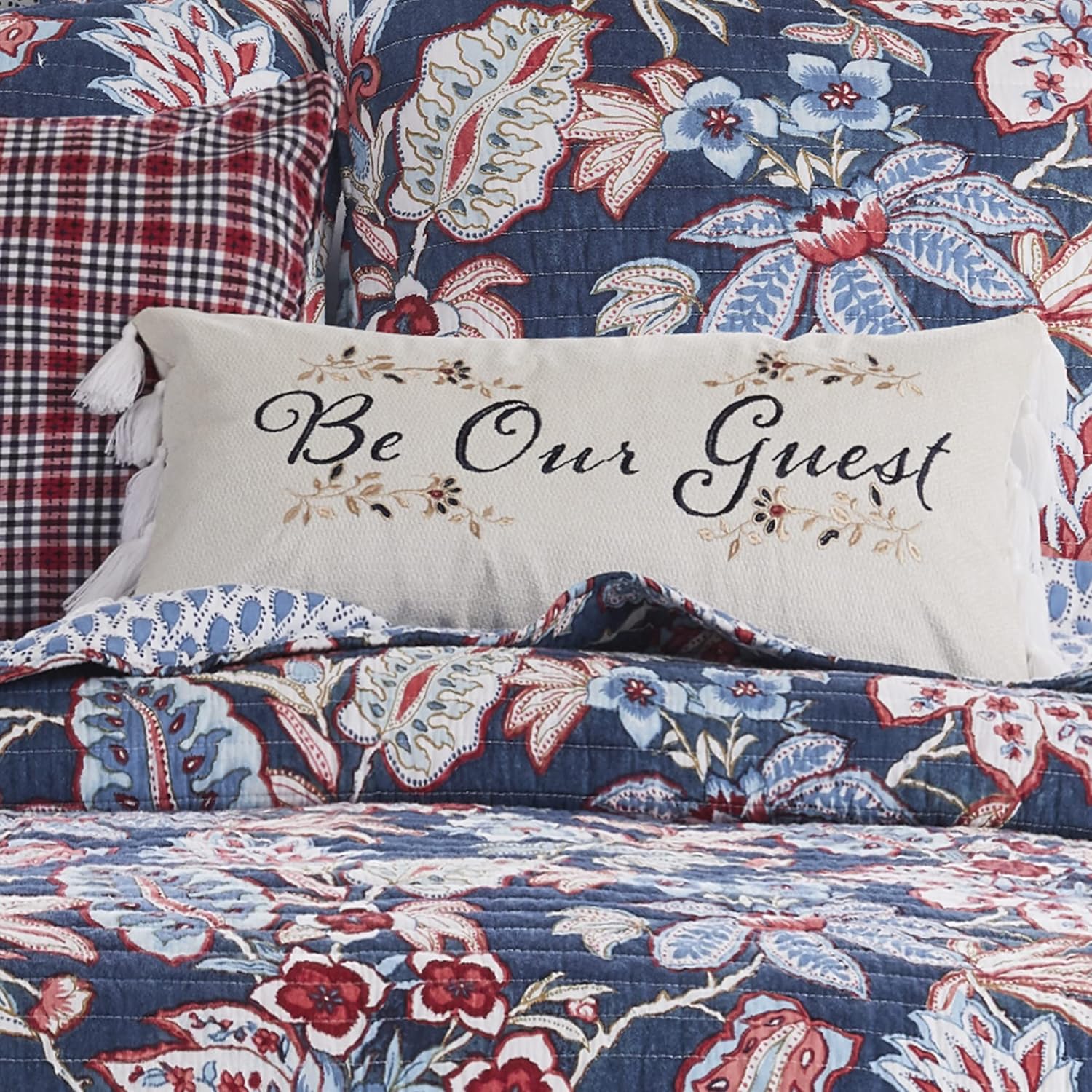 Levtex Home - Isadora - Decorative Pillow (12 x 24in.) - Be Our Guest - Charcoal, Brick Red and Cream