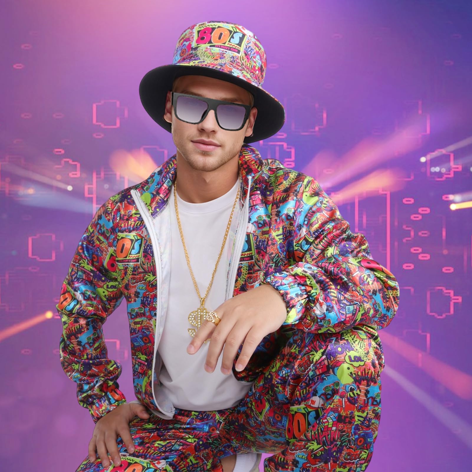 Déguisement Année 80 90 Homme Femme Survêtement Ensemble Costumes Rétro Adulte Disco Veste Tenue Accessoires Chapeau Lunettes Fête Carnaval Halloween Sport Jogging (Rouge-80, S)