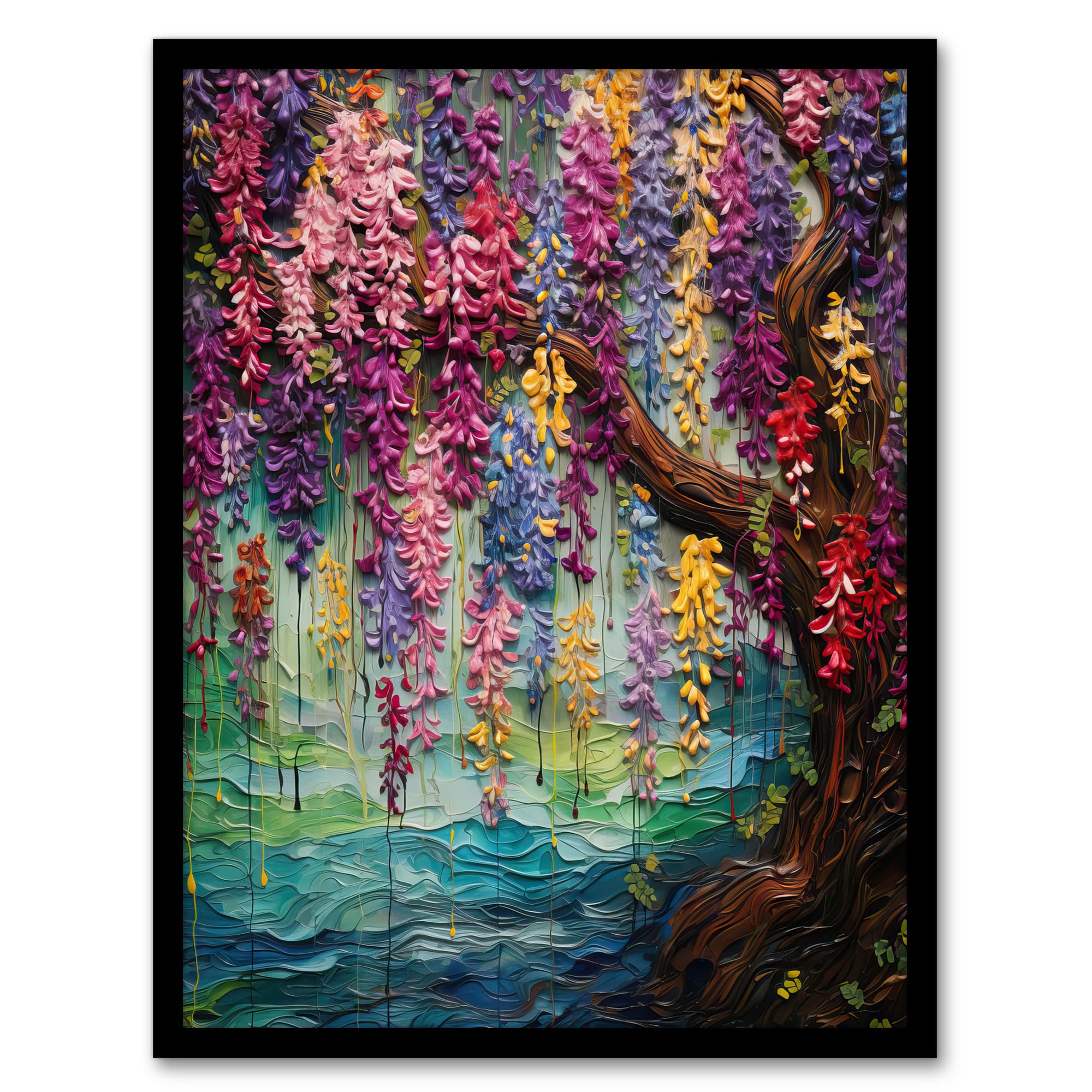 Artery8 Colourful Cascading Wisteria Over Riverbank Heavy Oil Painting Artwork Framed Wall Art Print A4