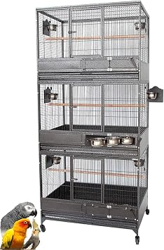 Extra Large Stackers Heavy Duty Wrought Iron Breeder Parrot Aviary Bird Breeding Rolling Cage with Side Nest Doors Black Vein, Triple Stacker