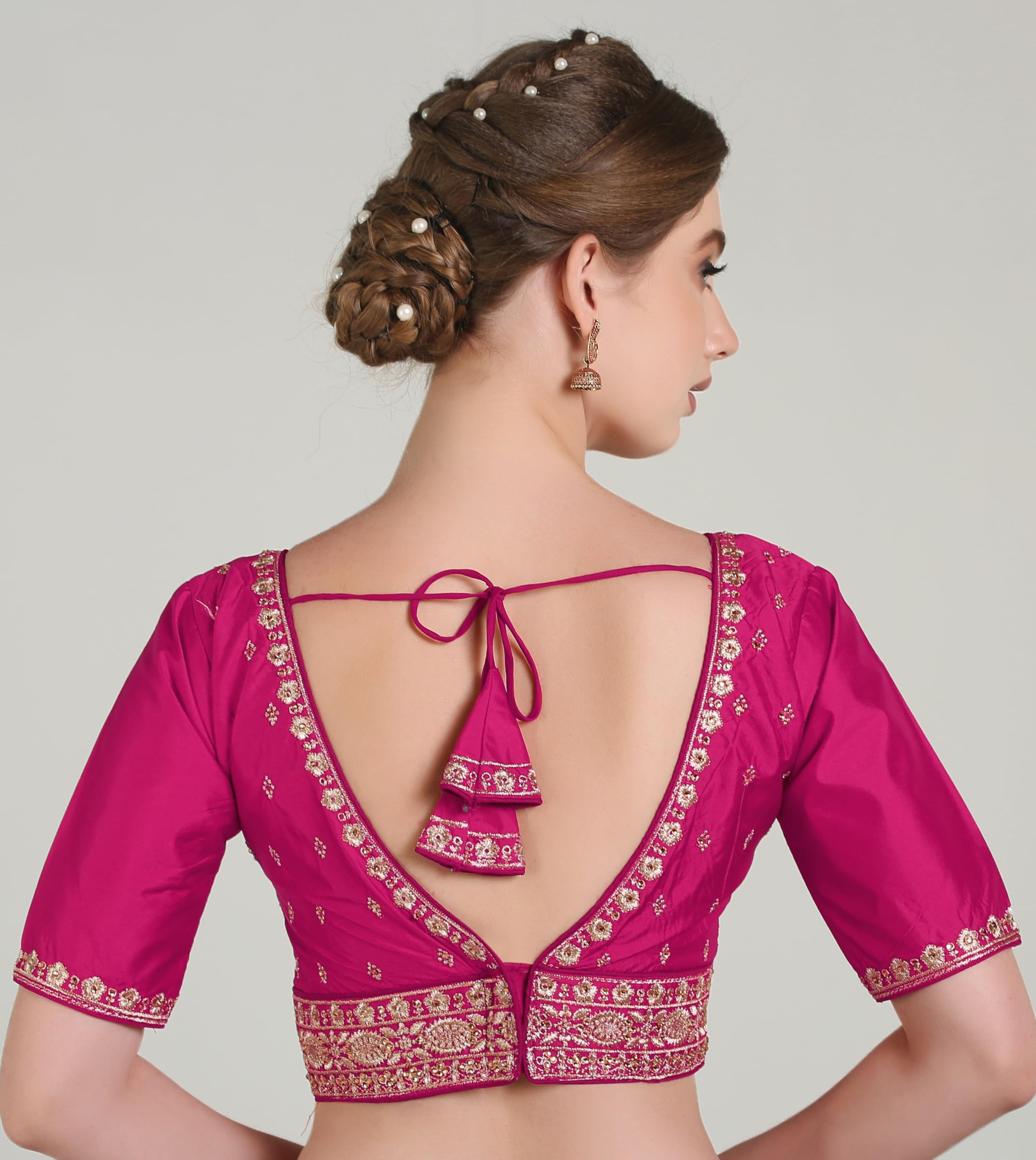 Pujia Mills Woman Readymade Ethnic Wear Deep V Neck Classic Butti Designer Half Sleeve Rani Blouse Online Embroidery Zari Work With Diamond Work Border Sadi Blouse