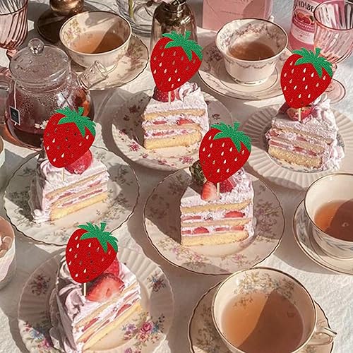 Miniatura 7 de Paquete de 24 adornos para cupcakes de fresa, con purpurina, para cumpleaños, para frutas, baby shower, niños, cumpleaños, verano, bayas, cupcakes,