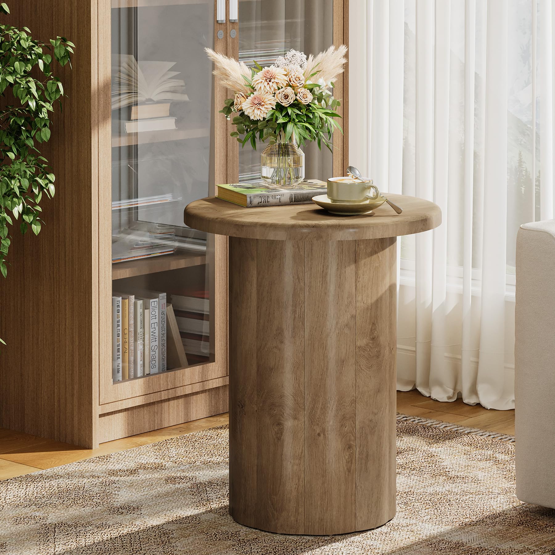 Tribesigns Round Side Table for Living Room, Farmhouse Small End Table with Fluted Base, 20-Inch Rustic Brown Nightstand, Accent Furniture for Small Space Bedroom Apartment