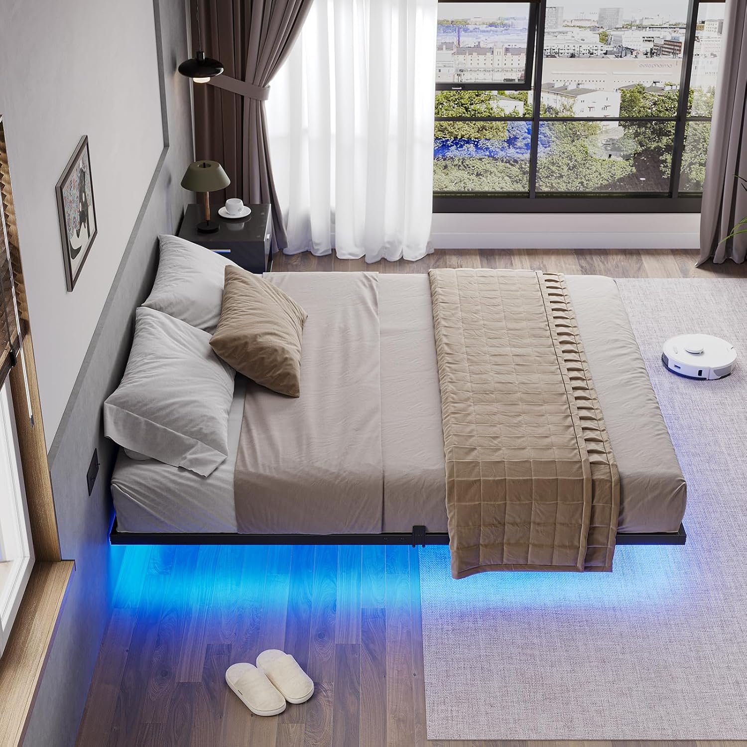 Hasuit Floating Bed Frame California King Size with LED Lights, Metal Cal King Platform Bed, No Box Spring Needed, Easy to Assemble (California King)