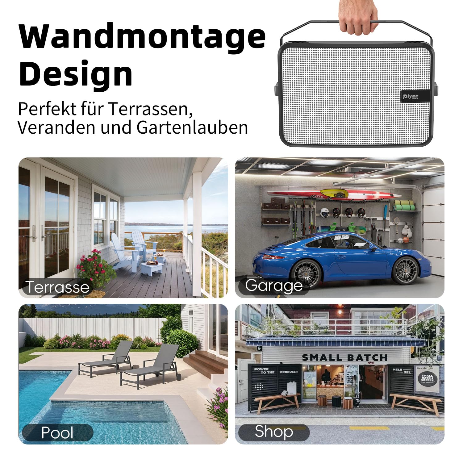 600W Outdoor Bluetooth-Lautsprecher, drahtlose Synchronisation zwischen Lautsprechern, kraftvoller Bass, Wandmontage für Terrasse, Veranda, Gartenlaube, Garage, 2er-Pack, Weiß (MZ-658)