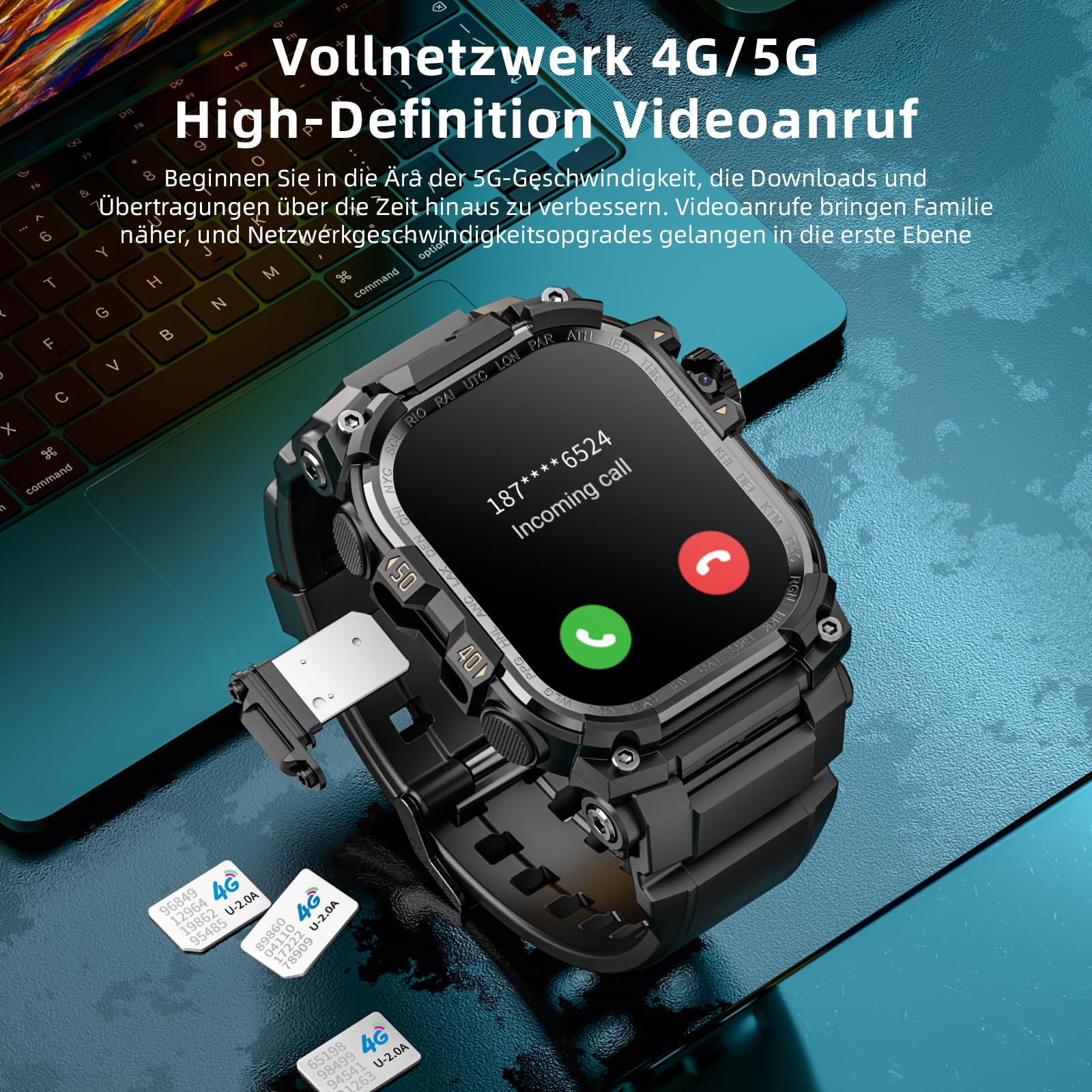 LOKMAT 2,06''AMOLED 4G Smartwatch mit großem Bildschirm, 3 GB + 32 GB, robuste Militär-Sport-Android-Smartwatch für Herren mit drehbarer Kamera, WiFi, GPS, NFC, für Männer und Frauen (Schwarz)