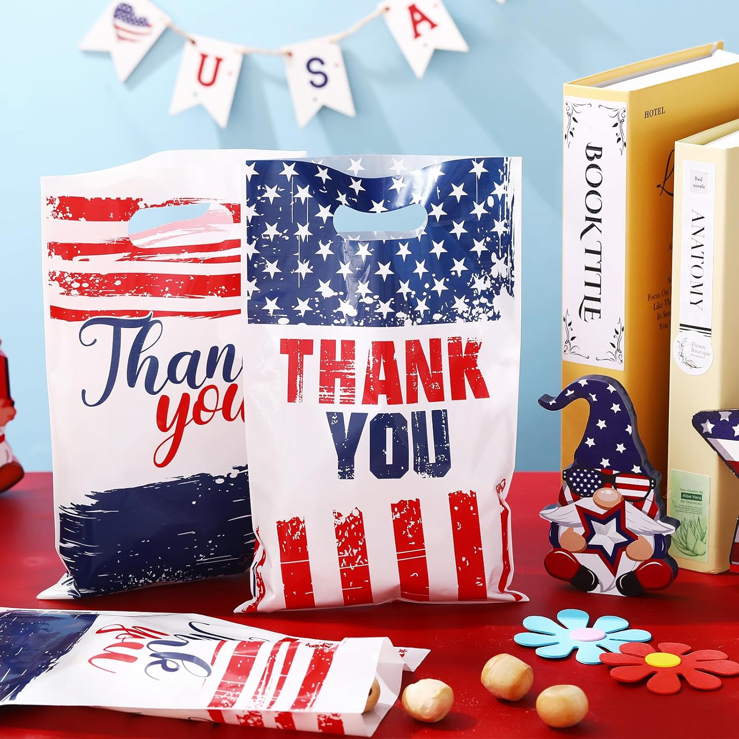 Teenyyou 60 Pcs Patriotic Thank You Gift Bags Plastic Red White Blue American Flag Party Favor Bags with Handles for Candy Treat Goodie Cookie Wrapping Memorial Day Independence Day Party Supplies - Image 6