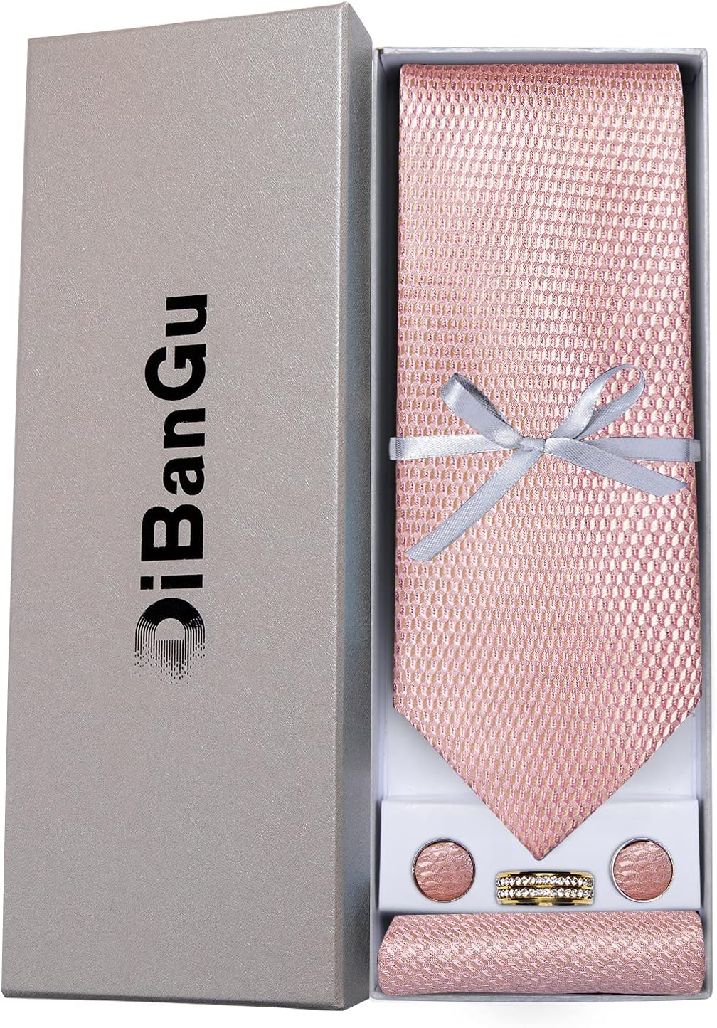 DiBanGu Mens Tie Set Silk Necktie and Gold Tie Ring Pocket Square Cufflinks Formal Business Wedding Ties with Gift Box - Image 5