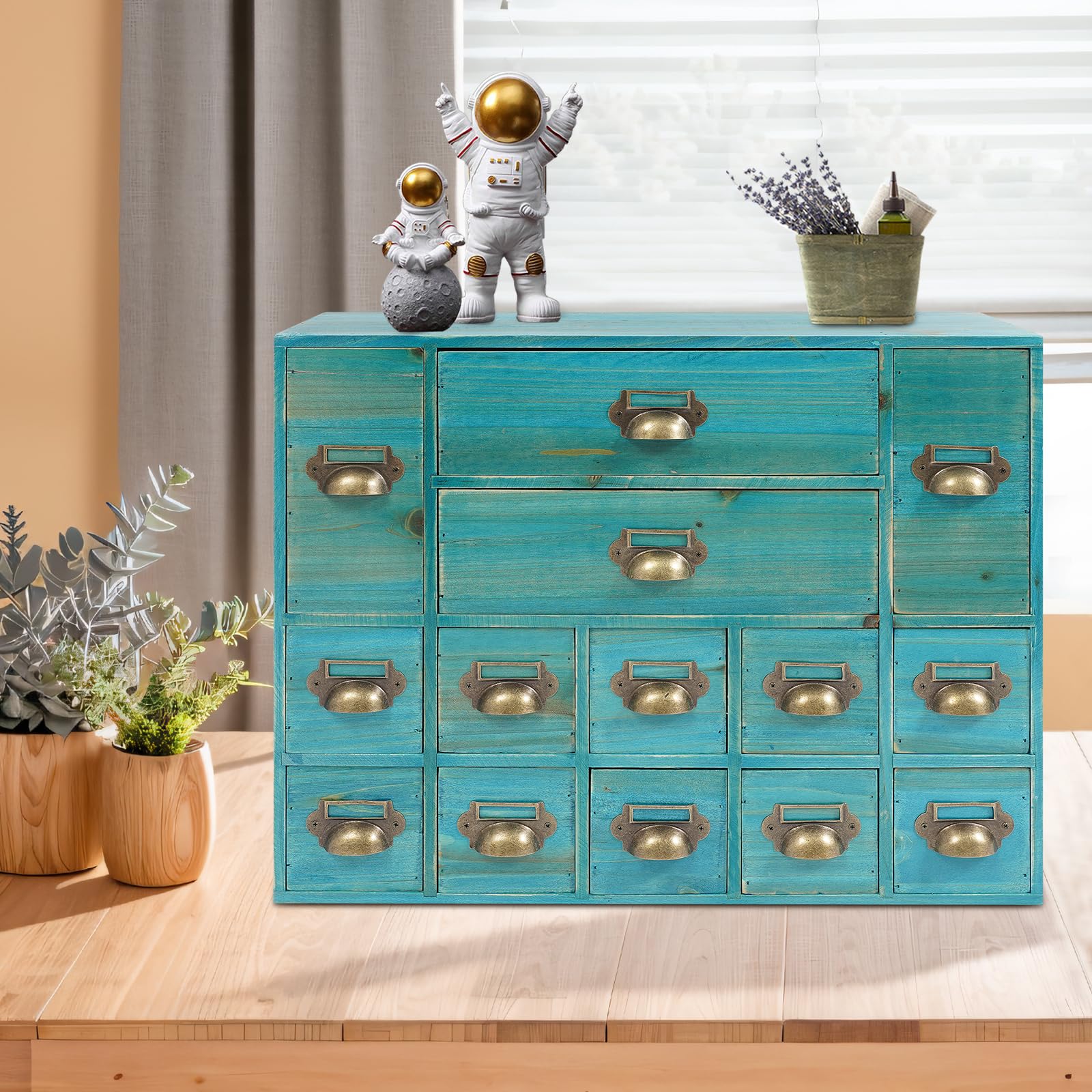 Cassettiera in legno, da scrivania, con 14 cassetti, per ufficio, scuola, cancelleria, 53 x 16 x 42,4 cm (blu)