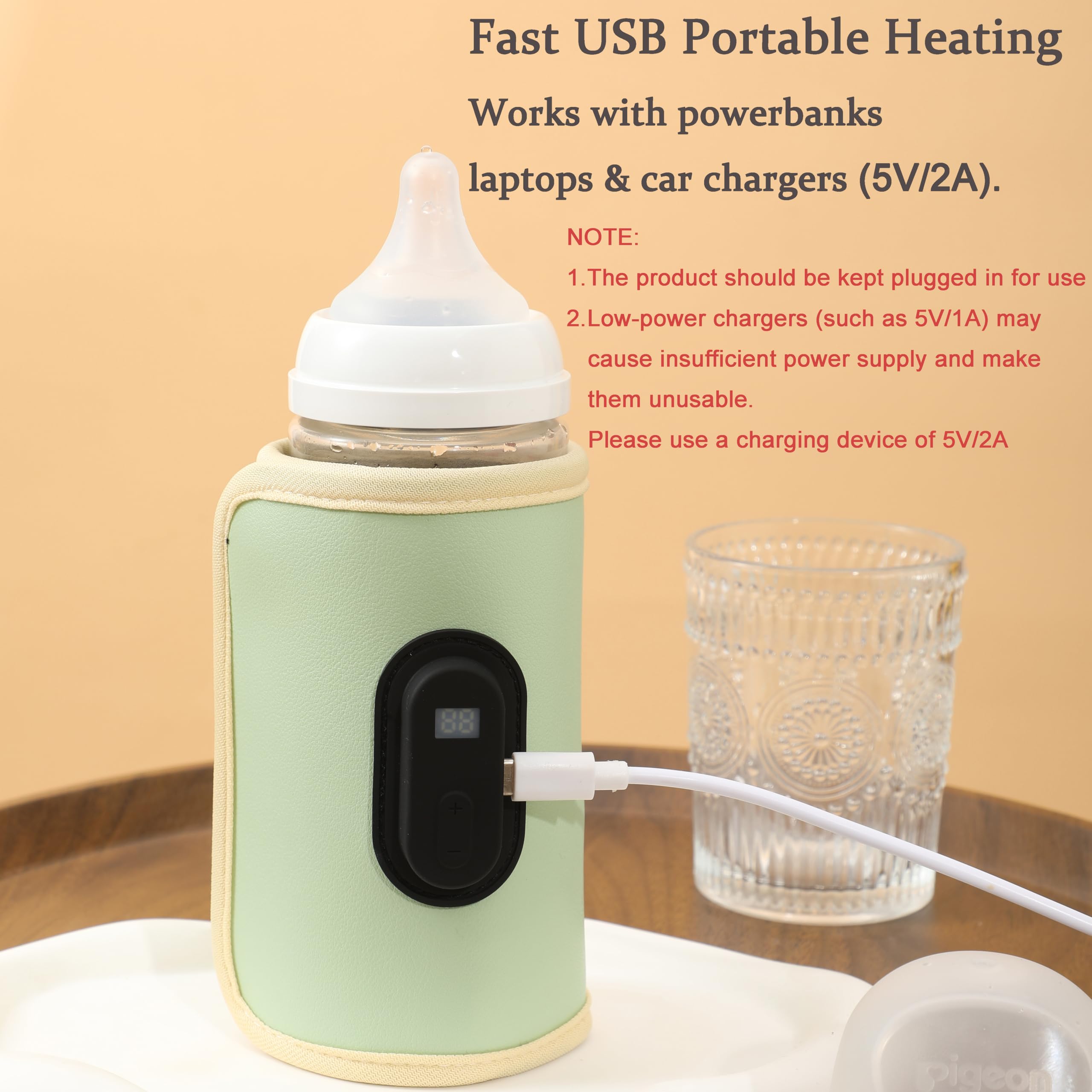 Calentador de biberones, mantiene la leche caliente (sin calentamiento rápido), funda térmica portátil con 20 temperaturas, digital, USB, pantalla digital y 20 ajustes de temperatura (rosa)