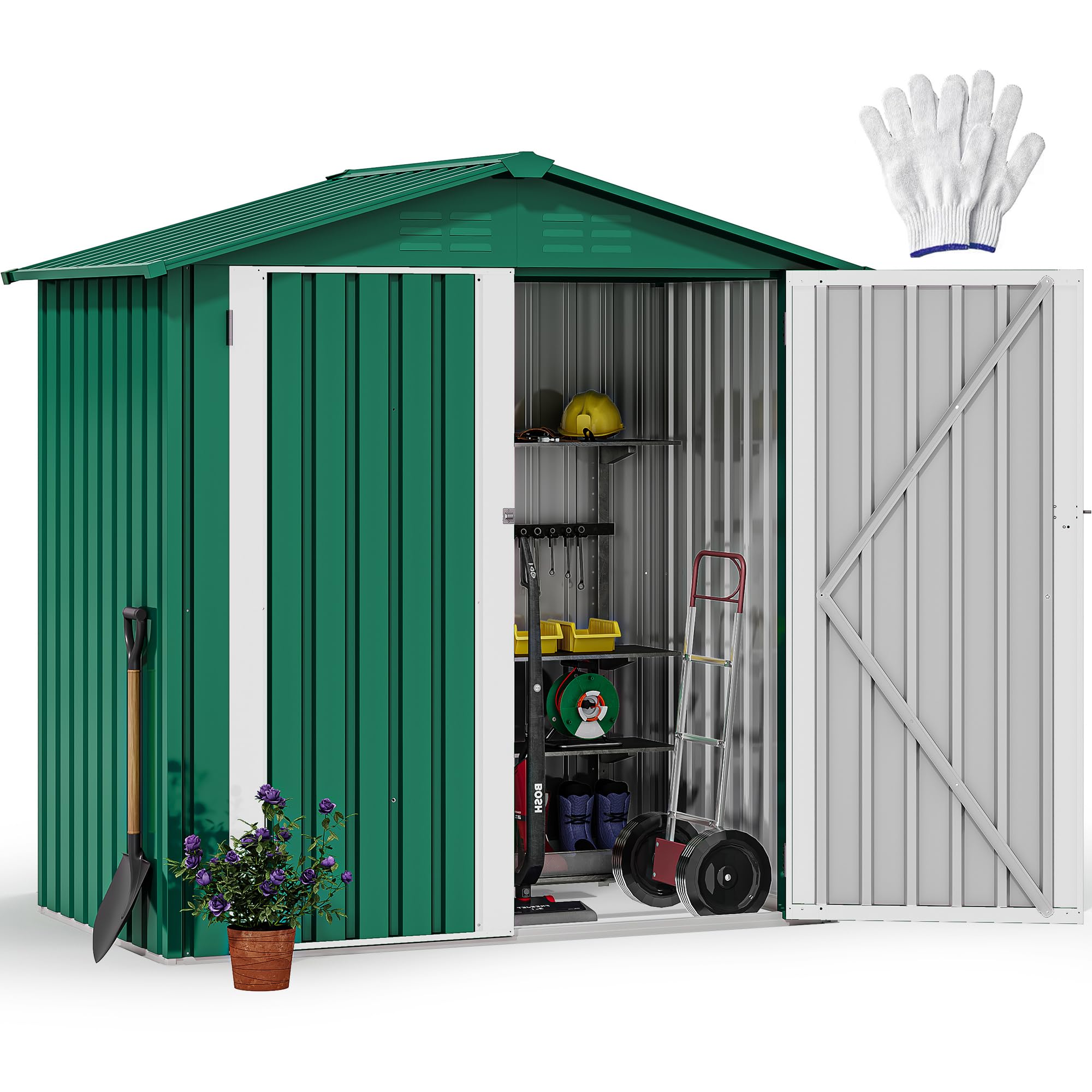 YITAHOME Metall Geräteschuppen Gerätehaus Gartenhaus Gartenhütte,Gruen | 171x87x184cm|6x4 klein|Rasenmäher Gartenschuppen|Satteldach|Abschließbar|4 Lüftungsöffnungen|Gartenhaus mit Tür|Wetterfest