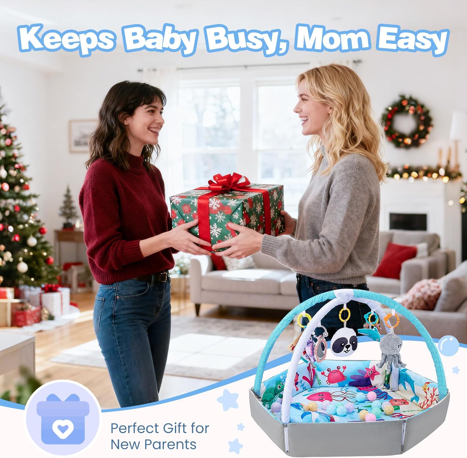 Baby Gym Play Mat, 9-in-1 Baby Play Mats w 9 Detachable Toys for Stage-Based Sensory & Motor Skill Development, Washable Tummy Time Mat & Crawling Blanket for Baby to Toddler, Baby Essentials Gift