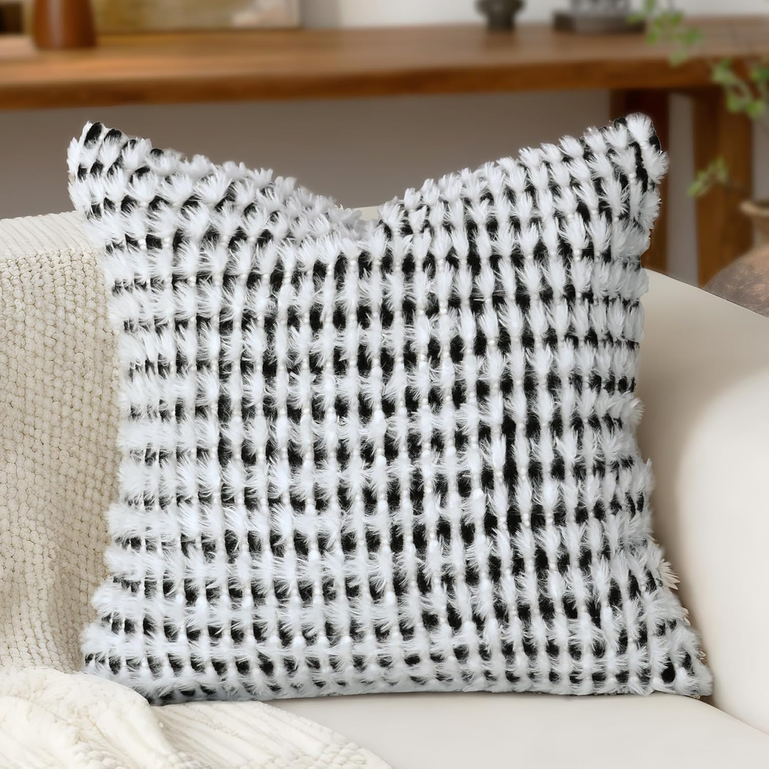 Boho Chenille Tufted Pillow Cover 24x24 Inch Set of 1, Farmhouse Striped Decorative Pillow Covers Accent Fluffy Neutral Square Pillowcases for Couch Sofa Bedroom Living Room, Black White