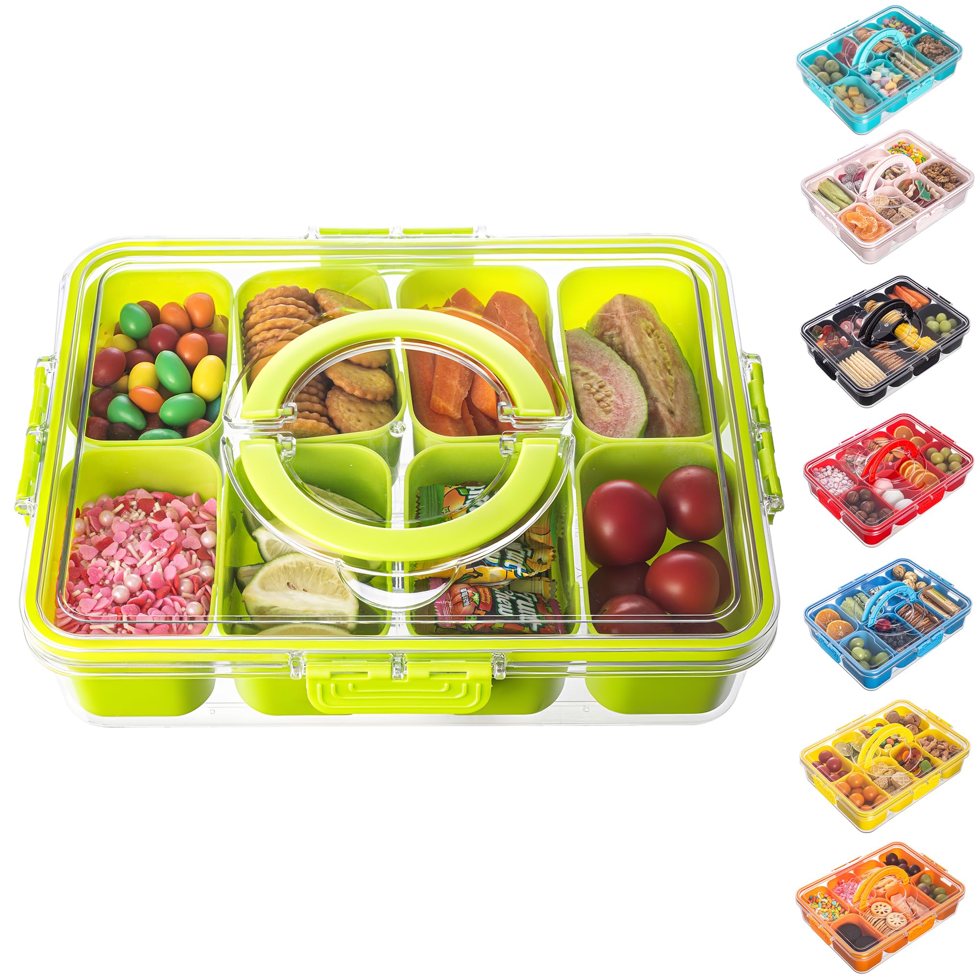 Divided Serving Tray with Lid and Handle - Snackle Box Charcuterie Container for Portable Snack Platters Organizer for Candy, Fruits, Nuts, Snacks - Perfect for Party, Entertaining, Green