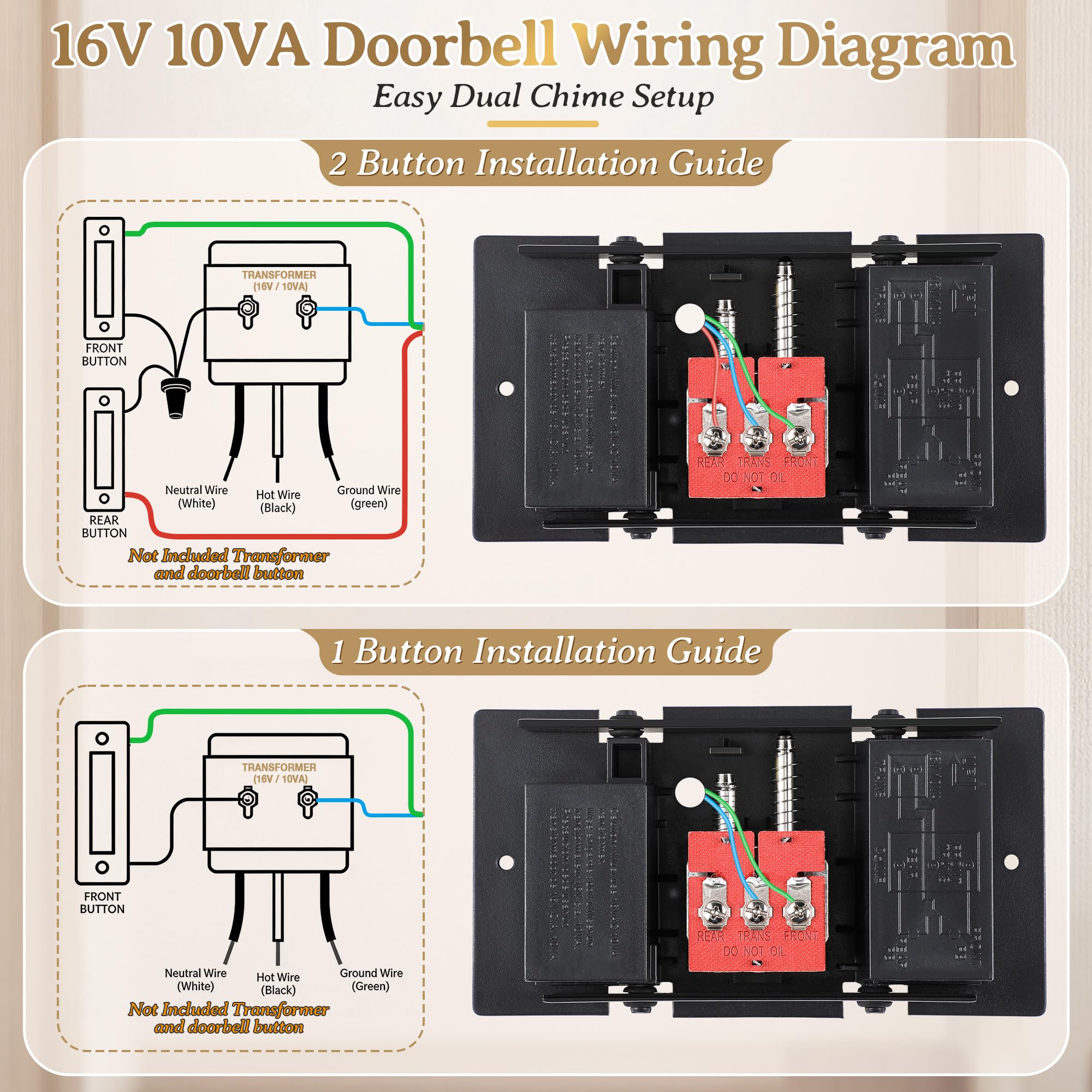 Timbre mecánico con cable, 16 V 10 VA con cubierta de madera, timbre de puerta delantera y trasera para pared interior del hogar con tornillos y cinta adhesiva, dos sonidos fuertes (negro)