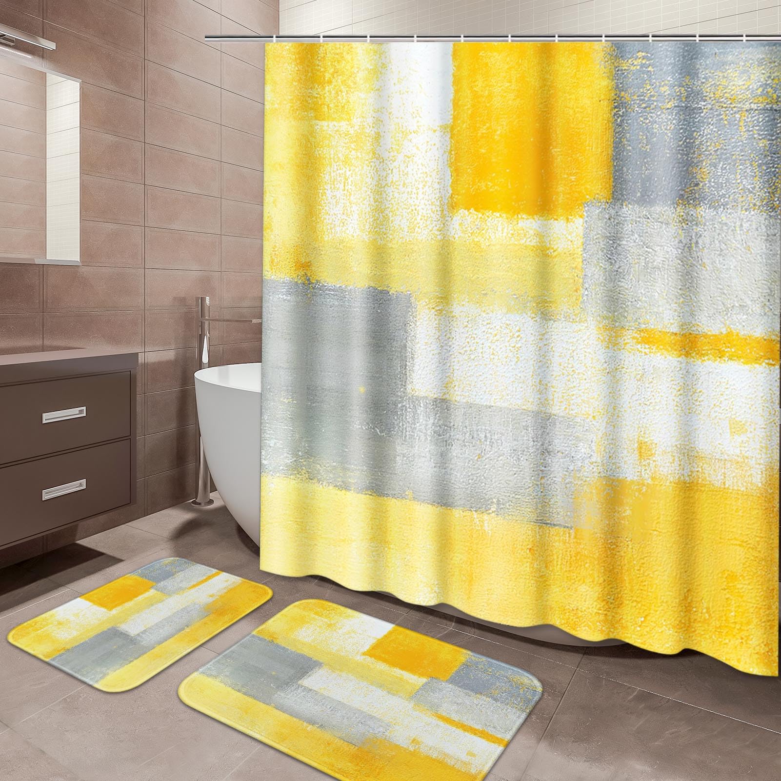 ArtSocket Yellow Grey Bathroom Set with Shower Curtain and Rugs and Accessories, Abstract Gray Shower Curtain Set, Modern Yellow Bathroom Decor 3 Pcs