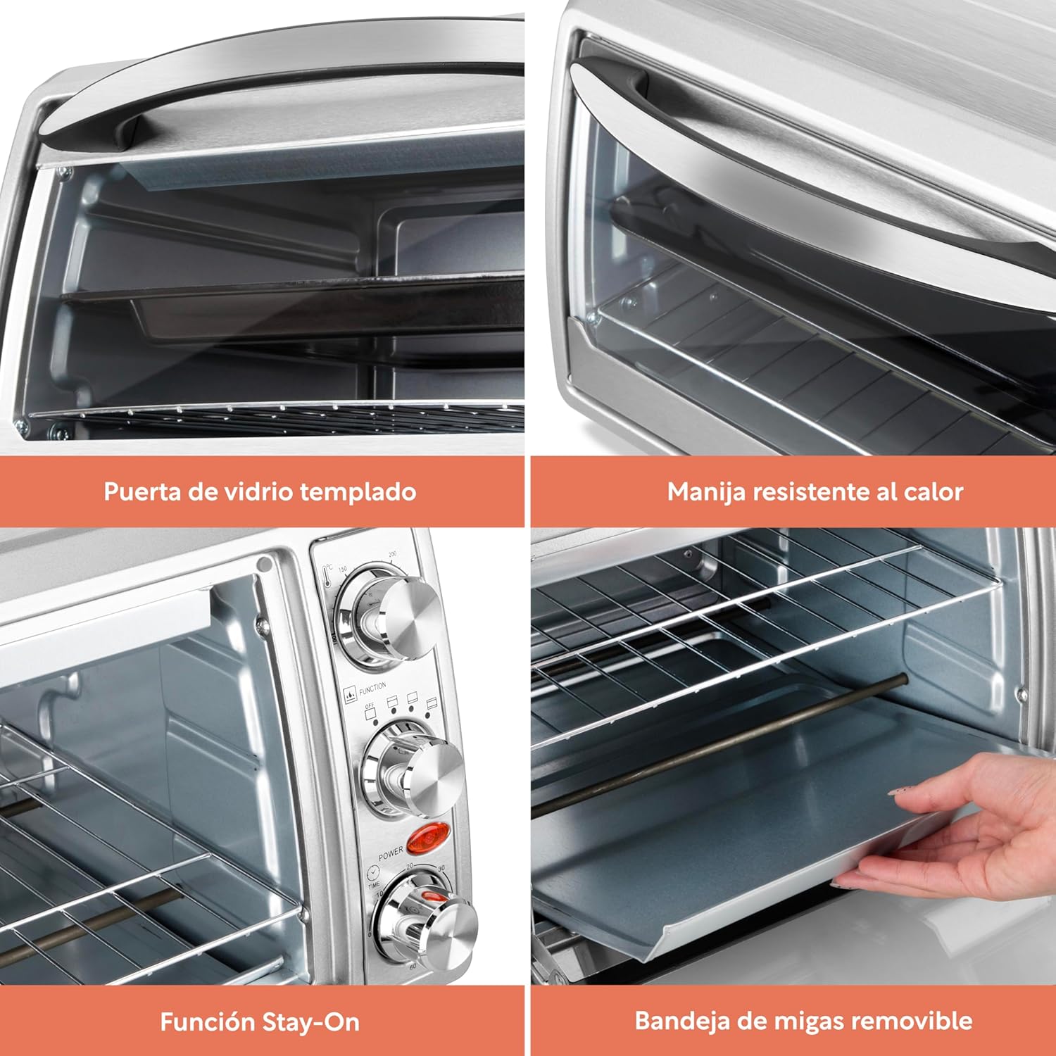 Close-up of the removable crumb tray of the VOLTIO 24 Liter Electric Toaster Oven.