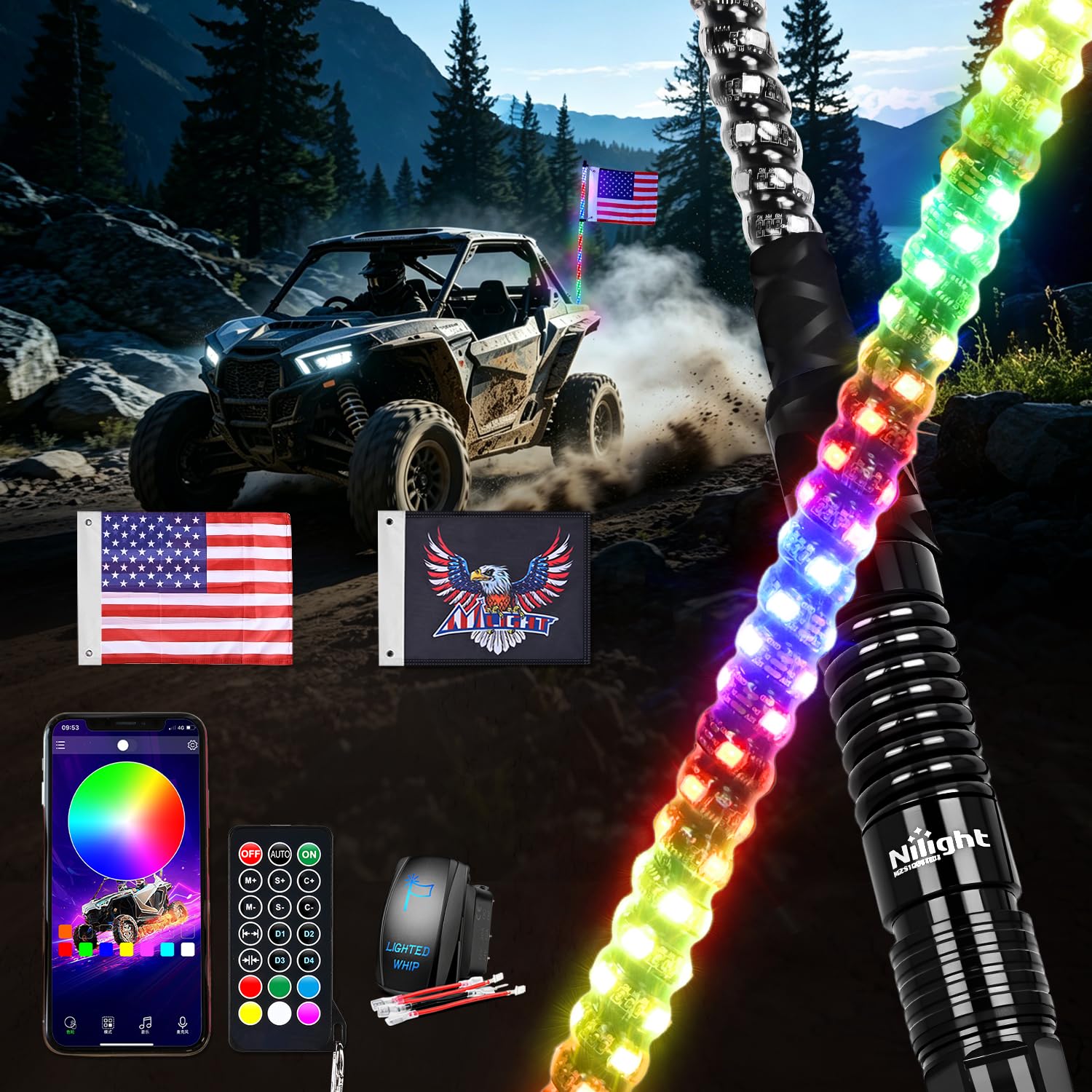 Nilight RGB LED Whip Light 1PC 4FT Spiral Antenna Whips