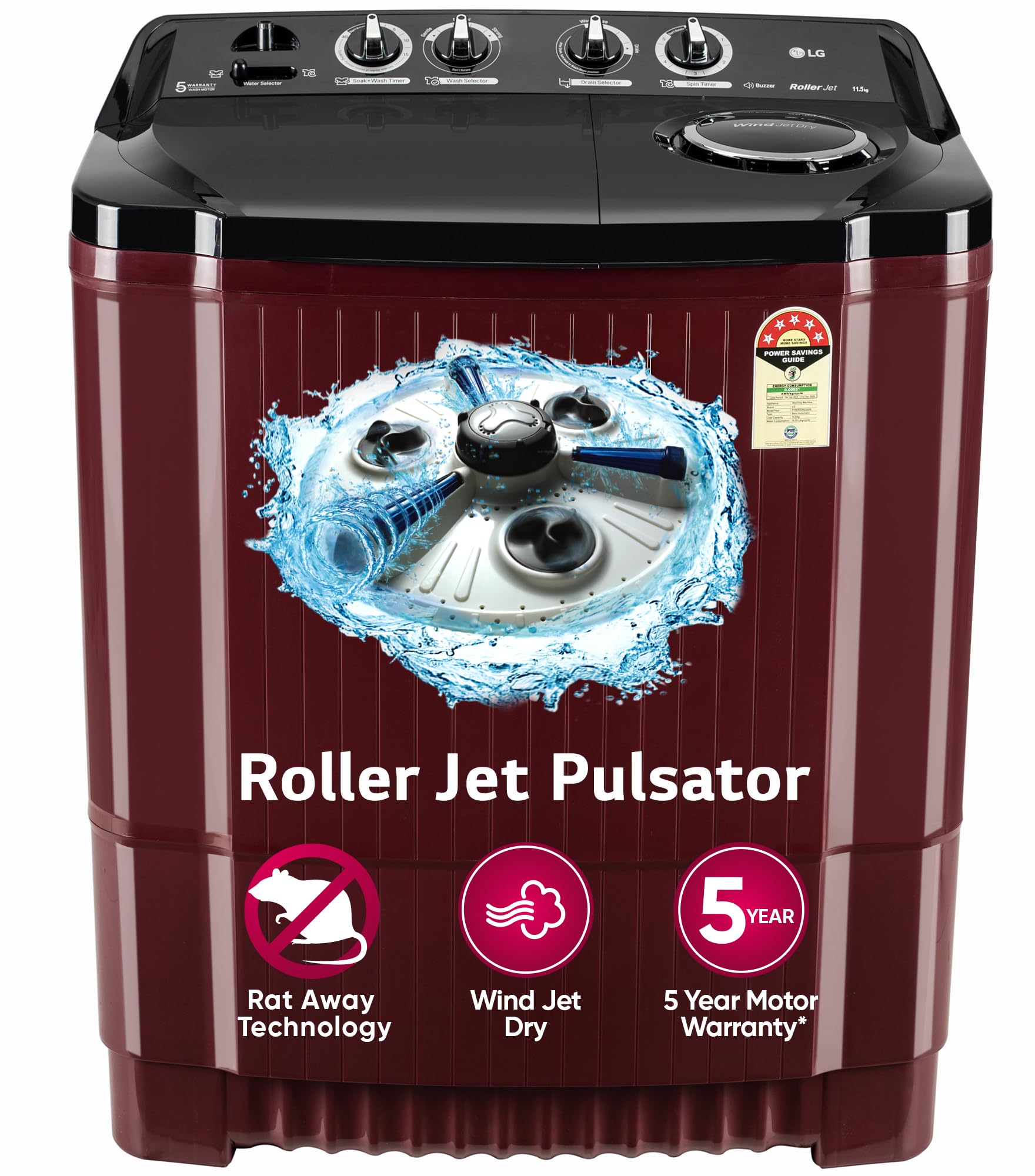 LG 11.5 kg, 5 Star, Roller Jet Pulsator with Soak, Wind Jet Dry Technology, Semi-Automatic Top Load Washing Machine (2025 Model, P115ASDAZ, Smart Filter & Rat Away feature)