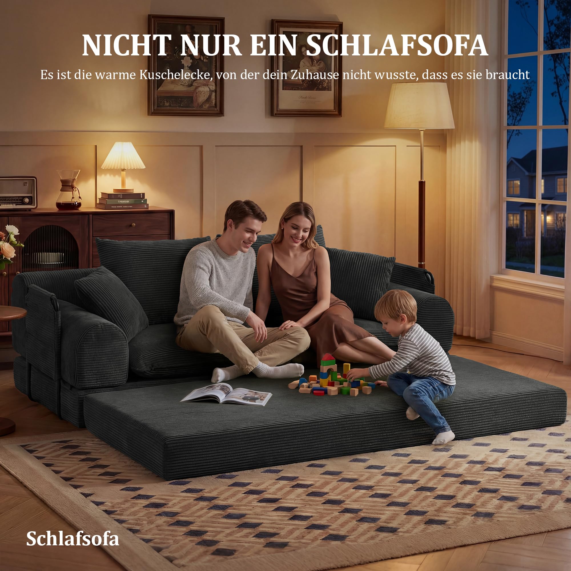 Vipbear 201x90x73cm Convertible Schlafsofa Bett, 5-in-1 klappbare Futon Couch mit Aufbewahrungstaschen, 3 Sitzer Corduroy Boden Couch Loveseat mit Ausziehbett für Wohnzimmer, Schlafzimmer, Grau