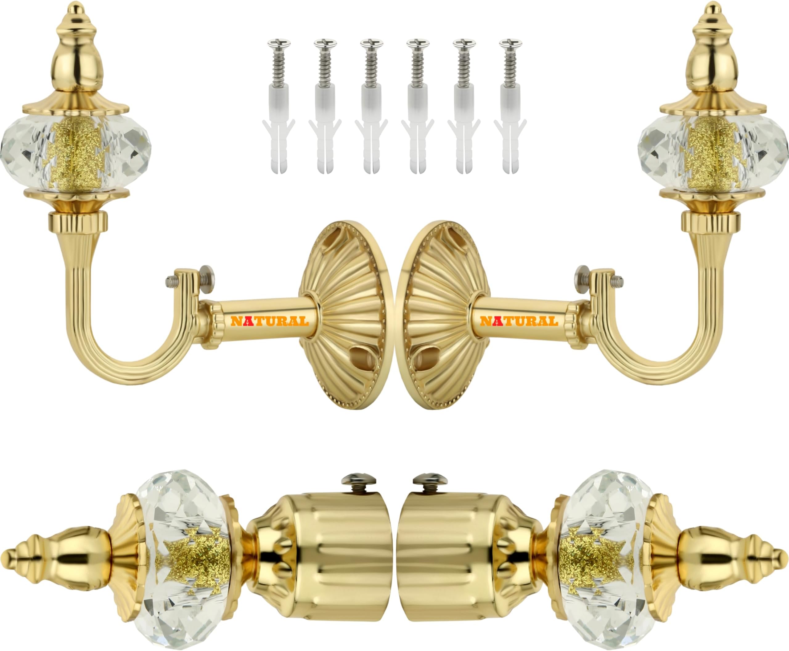 NATURAL Heavy Duty Aluminum Royal Luxury Design Curtain Bracket/Finial and Curtain Support with Screw/Wallplug for Window & Door Curtain Fittings Suitable Upto 1 Inch Pipe. (2 Set, Gold)